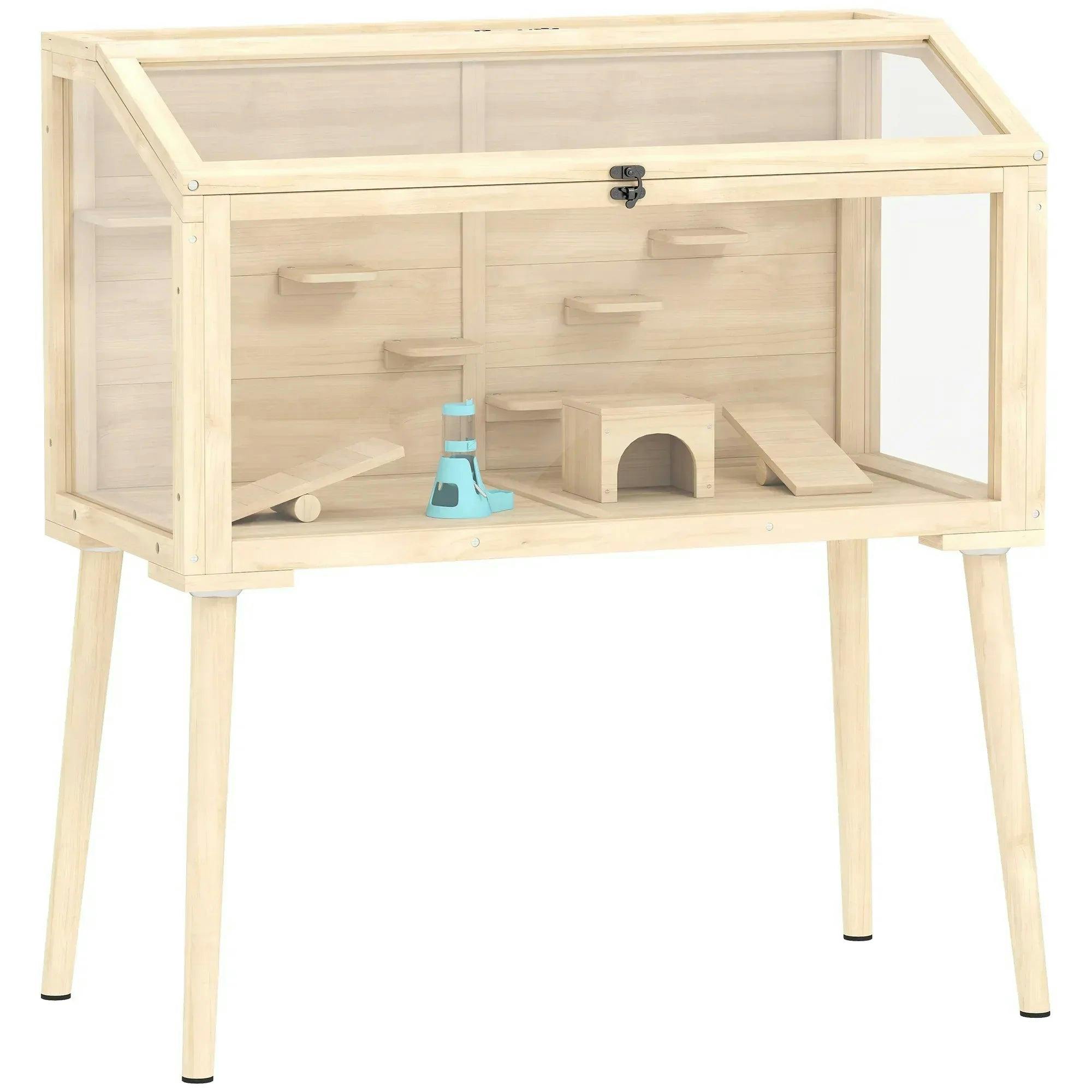 Pawhut Wooden Hamster Cage, Gerbils Cage With Openable Top And Seesaws - Image 5