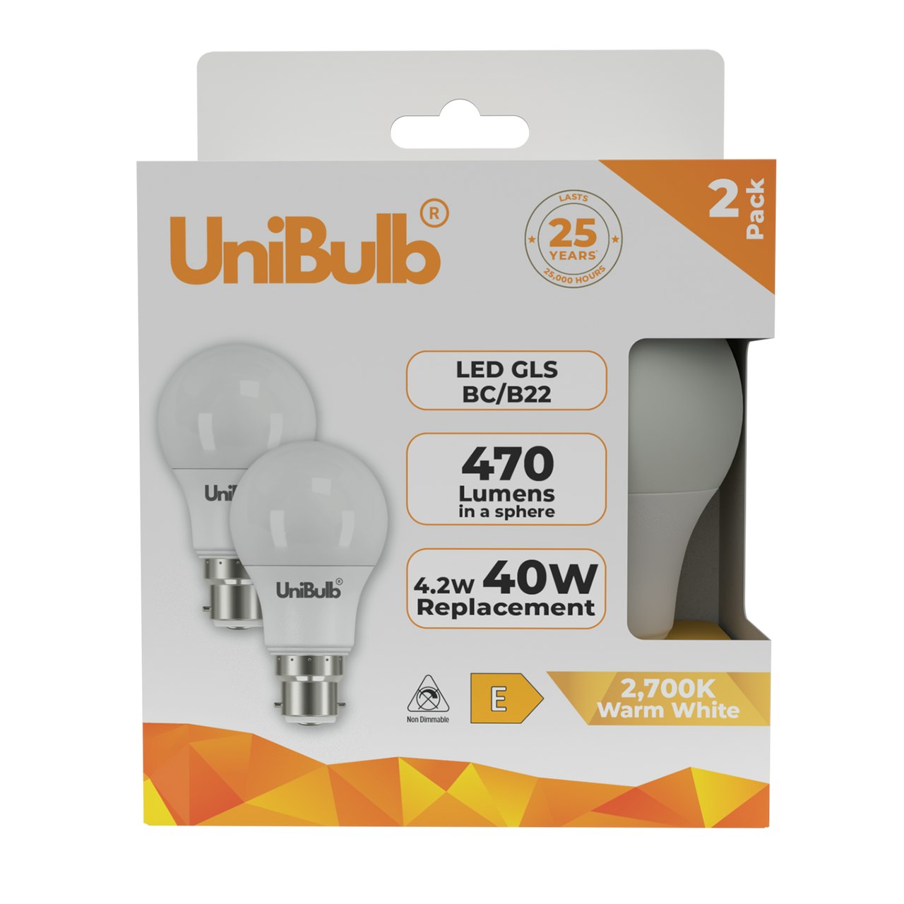 Unibulb White/Light Led Gls B22 470Lm 4.2W 2700K (Warm ) Bulb - Pack Of 2