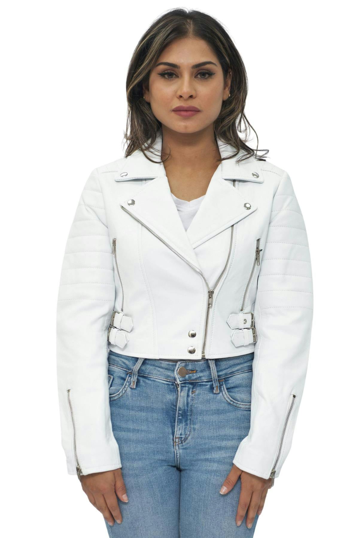 Infinity Leather Women's White Cropped Brando Leather Biker Jacket-Damascus - Uk Xs/8 | Eu 34 | Us 4