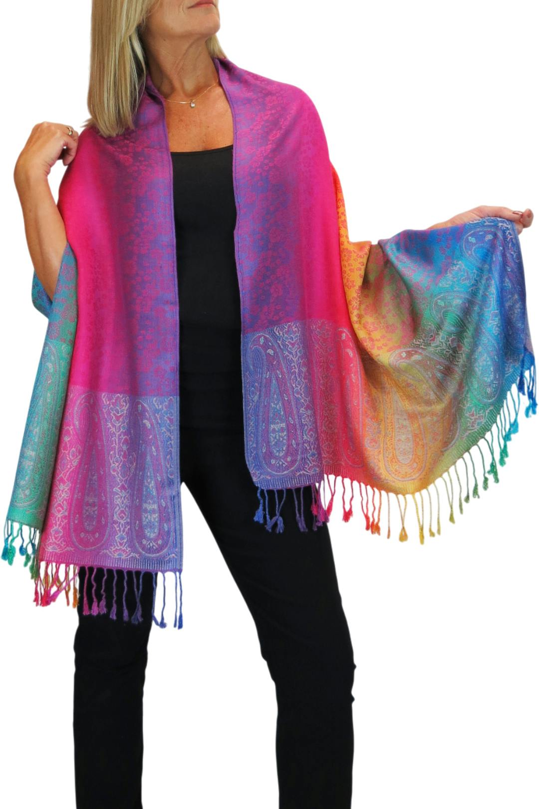 Paulo Due Pink Rainbow Floral Paisley Pashmina Shawl Scarf