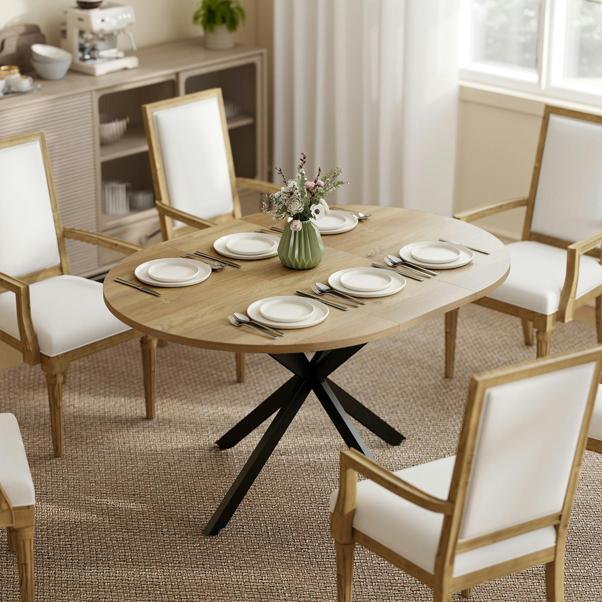Rackhams Black Extendable Dining Table For 4-6 With X-Shape Base, Natural Wood