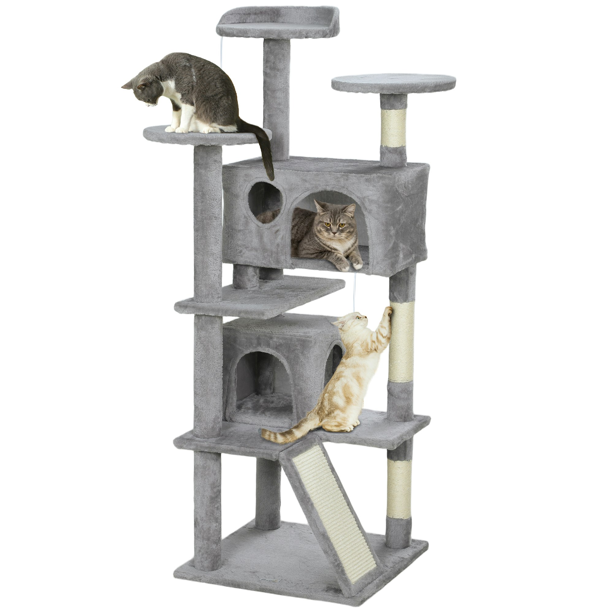 Pawhut Light/Grey Cat Tree With Scratching Posts And Pad, Bed, Condos, - Particle Board, Plush, Sisal - 1 138Cm