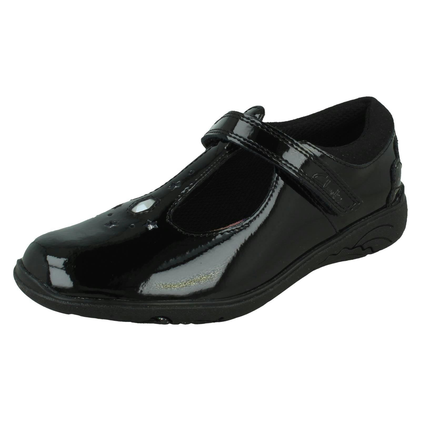 Clarks Girls Black Gem And Stars T-Bar School Shoes Relda Gem - Patent - Uk 8.5 Child - G