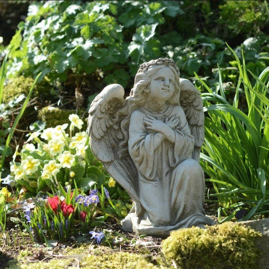 Rackhams Girls Kneeling Angel With Arms Crossed Small Cast Stone Statuary