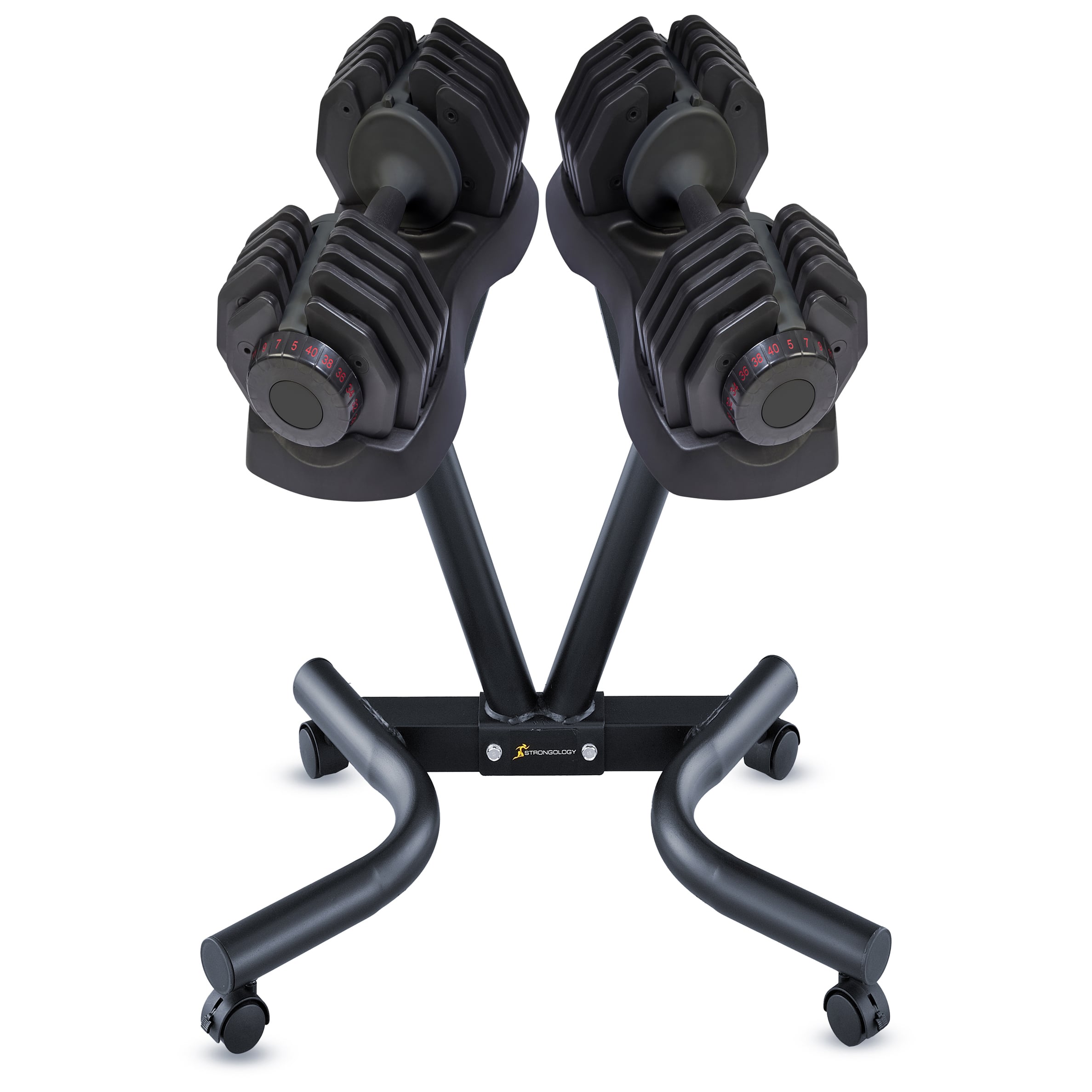 Strongology Black Durable Steel Universal Adjustable Dumbbell Floor Stand, Space Saver Adjustable Weights Rack With 2 40Kg Adjustable Dumbbells - Adjustable