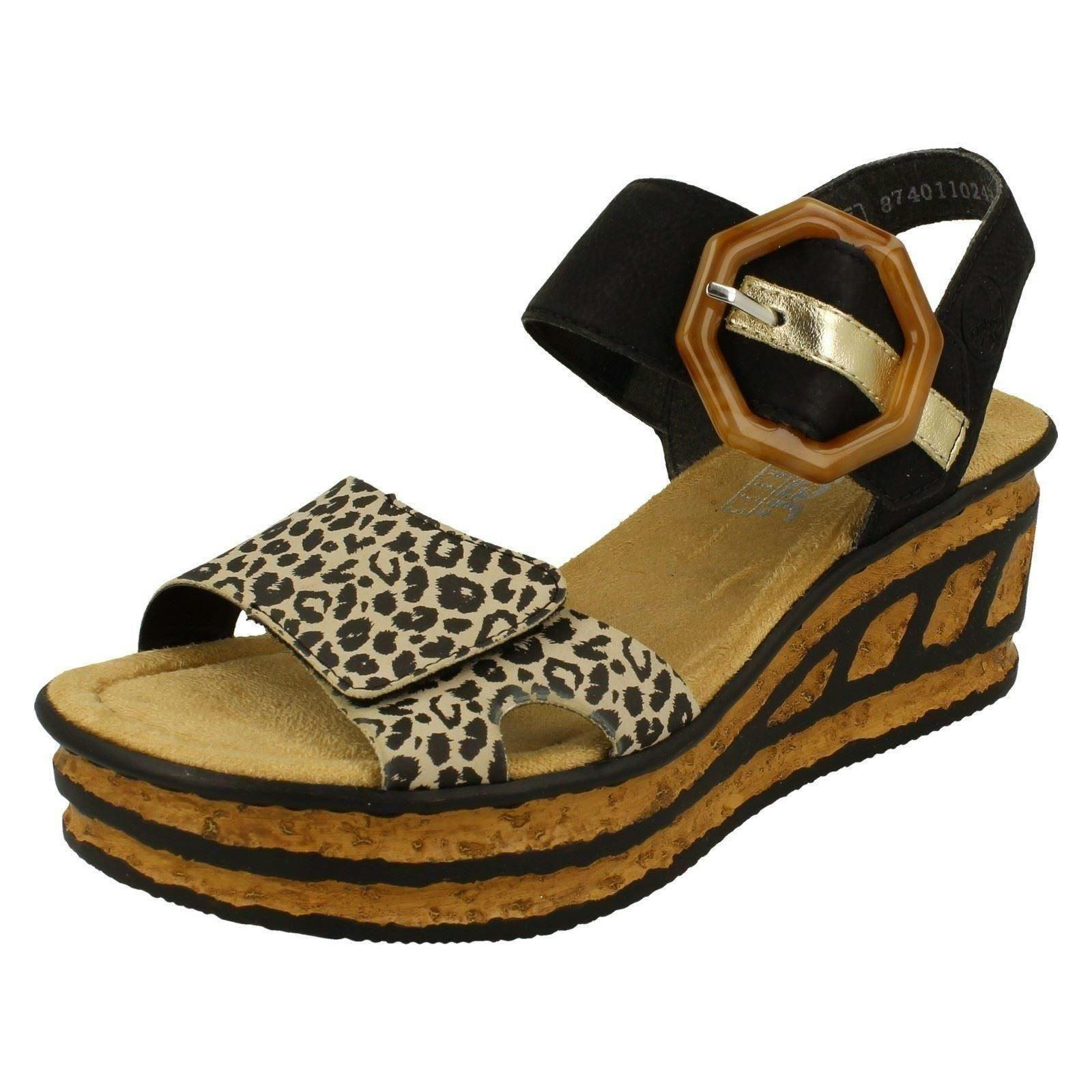 Rieker Women's Black Buckle Detailed Wedge Sandal 68176 - Combination - Uk 8