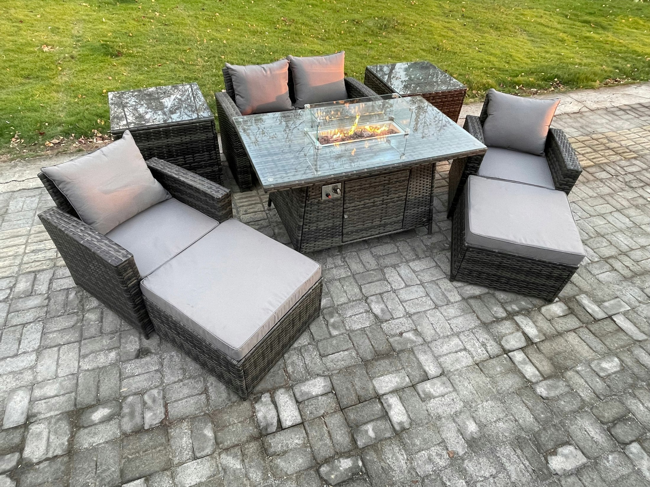 Rackhams Dark/Grey Outdoor Garden Dining Sets 6 Seater Rattan Patio Furniture Sofa Set With Gas Fire Pit Table 2 Big Footstool 2 Side Tables Mixed