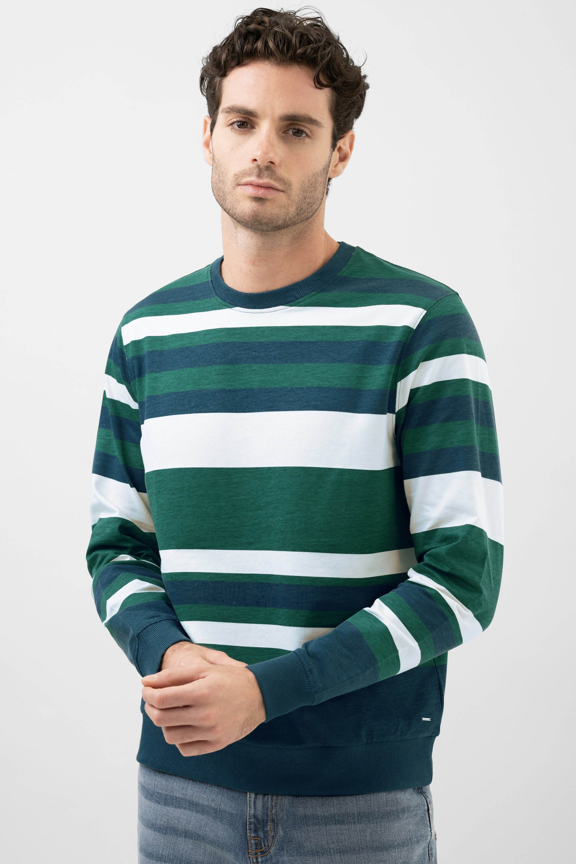Enorsia Men's Green Classic Print Stripe Sweatshirt - Xl - 100% Cotton Terry