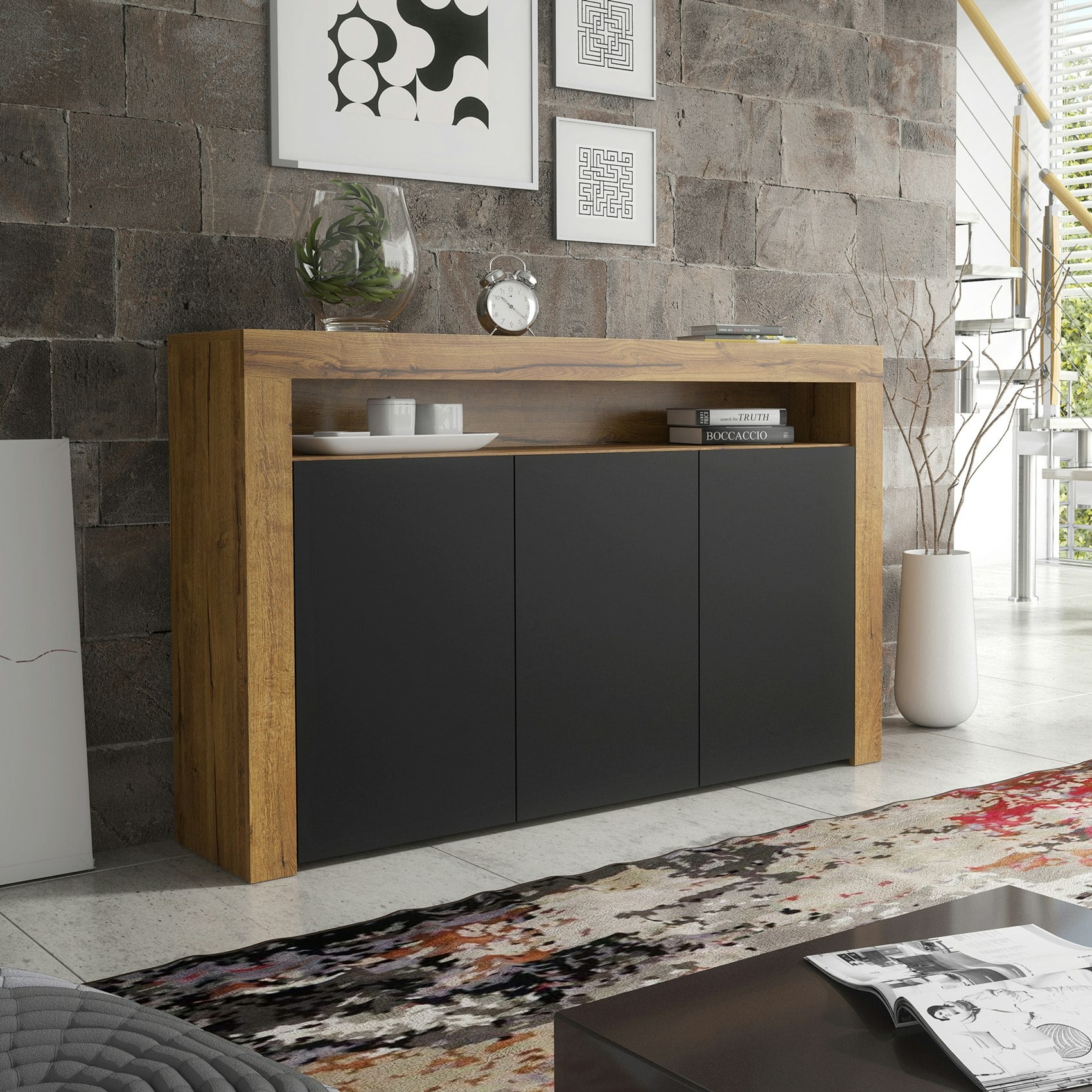Rackhams Black Modern Sideboard 155Cm – Oak Matt Body With Matt Doors - 155 Cm - Mdf/Chipboard - 1