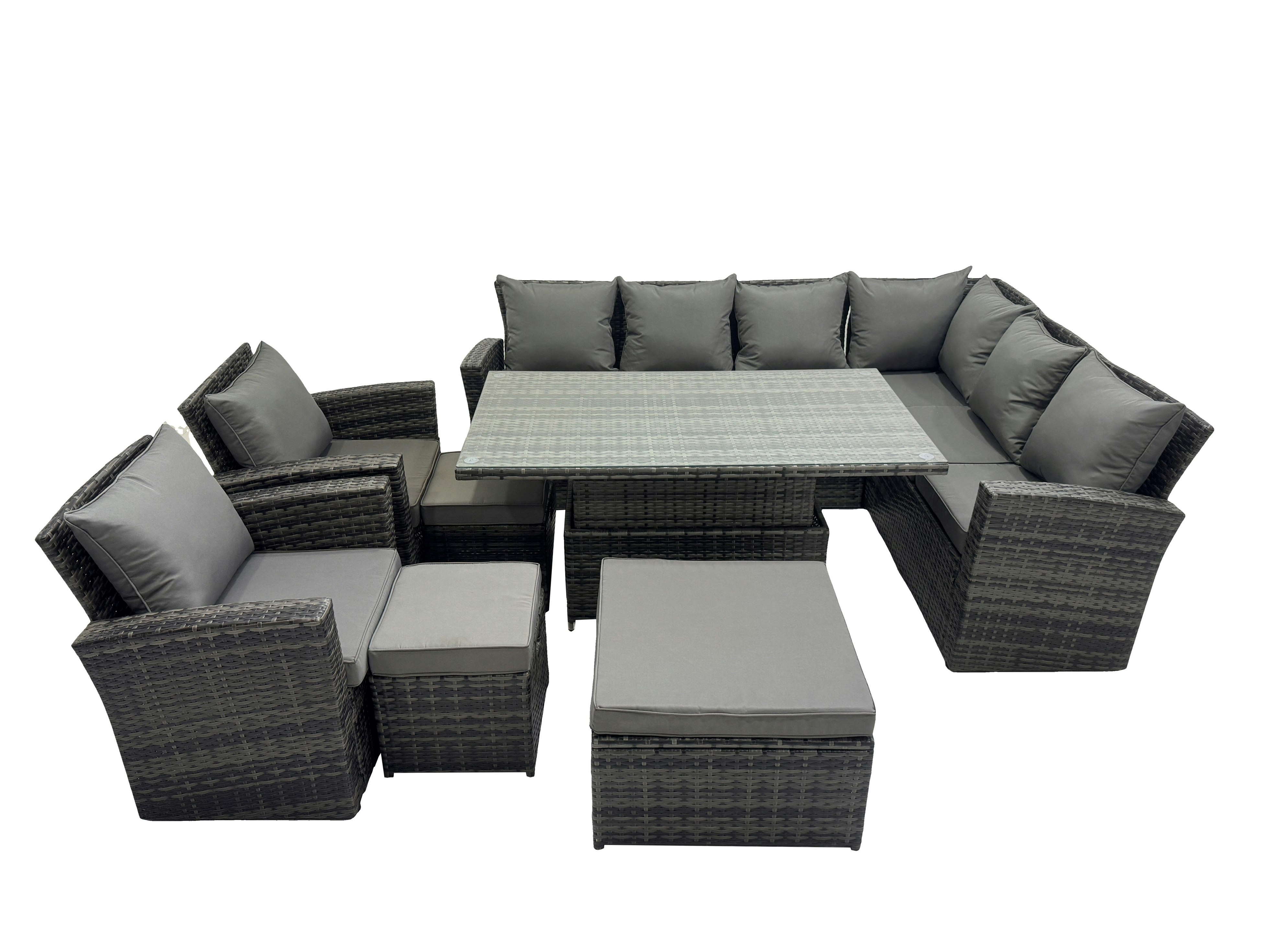 Rackhams Dark/Grey 11 Seat Rattan Garden Furniture Corner Sofa Set Outdoor Adjustable Lifting Dining Or Coffee Table Set With 3 Footstools Mixed