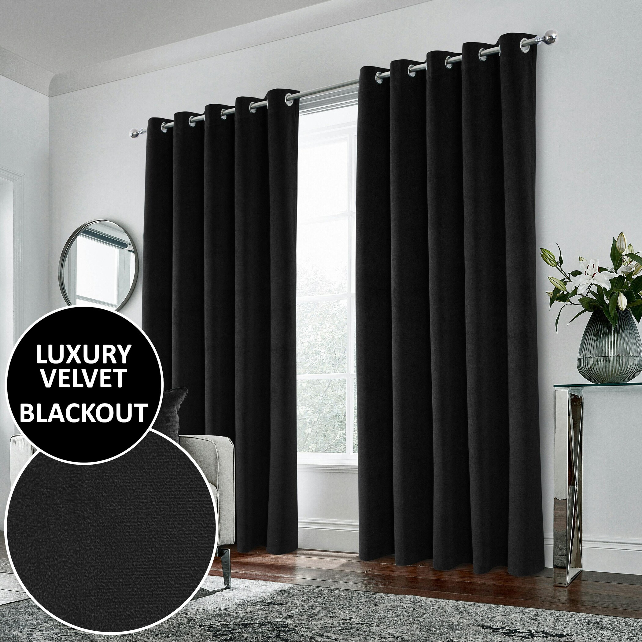 Black Velvet 100% Blackout Pair of Curtains Eyelet Top - 66x54 inch (168x137cm) - Image 4