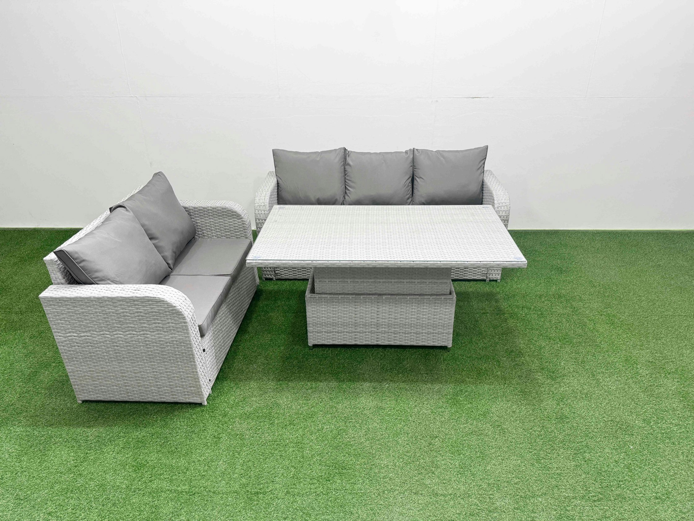 Rackhams Light/Grey/Dark 5 Seater Pe Rattan Wicker Garden Furniture Patio Conservatory Sofa Set With Adjustable Lifting Dining Or Coffee Table 3 Seater Sofa Love Sofa