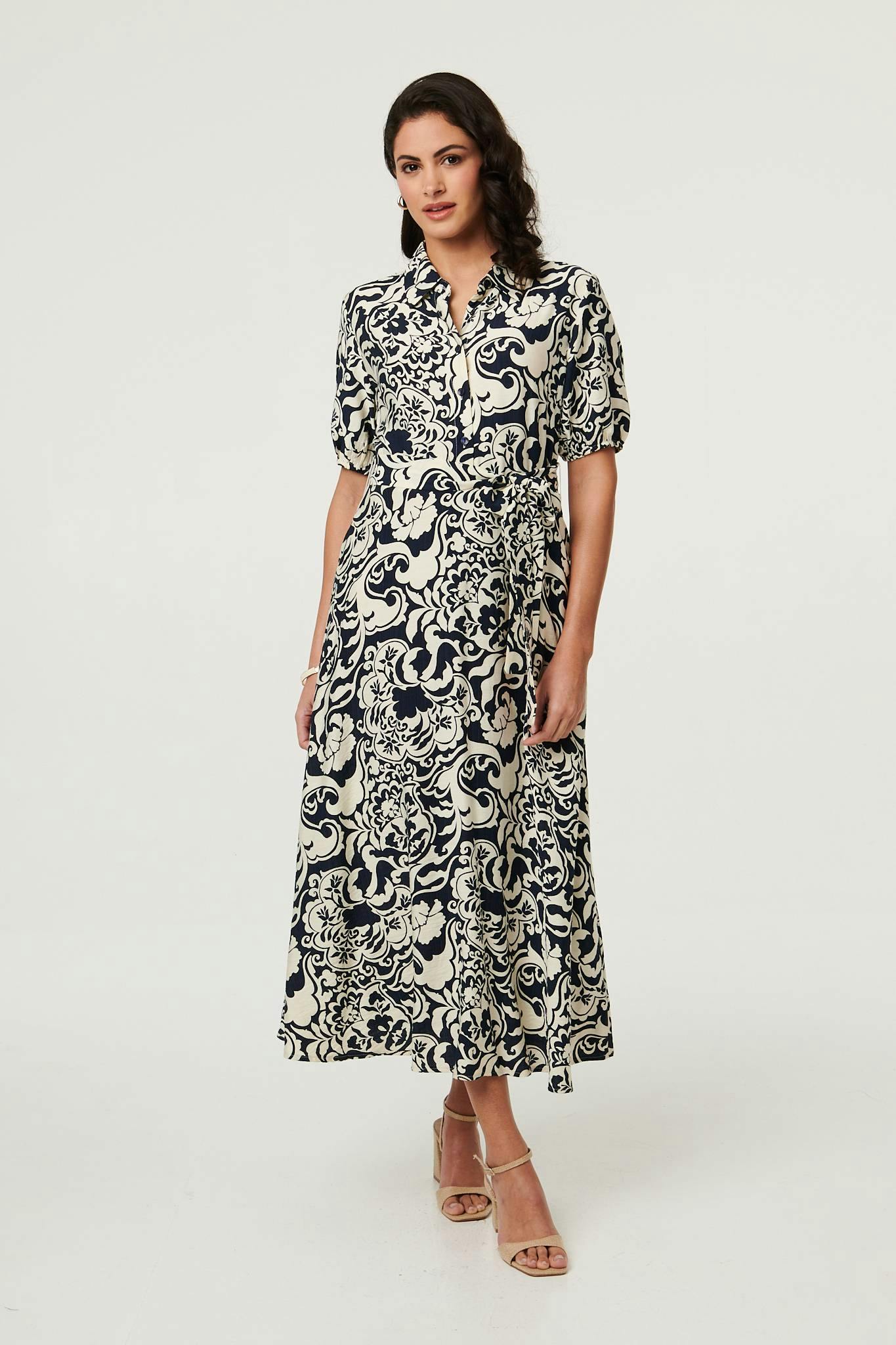 Izabel London Printed 1/2 Puff Sleeve Midi Shirt Dress - 10 - Navy