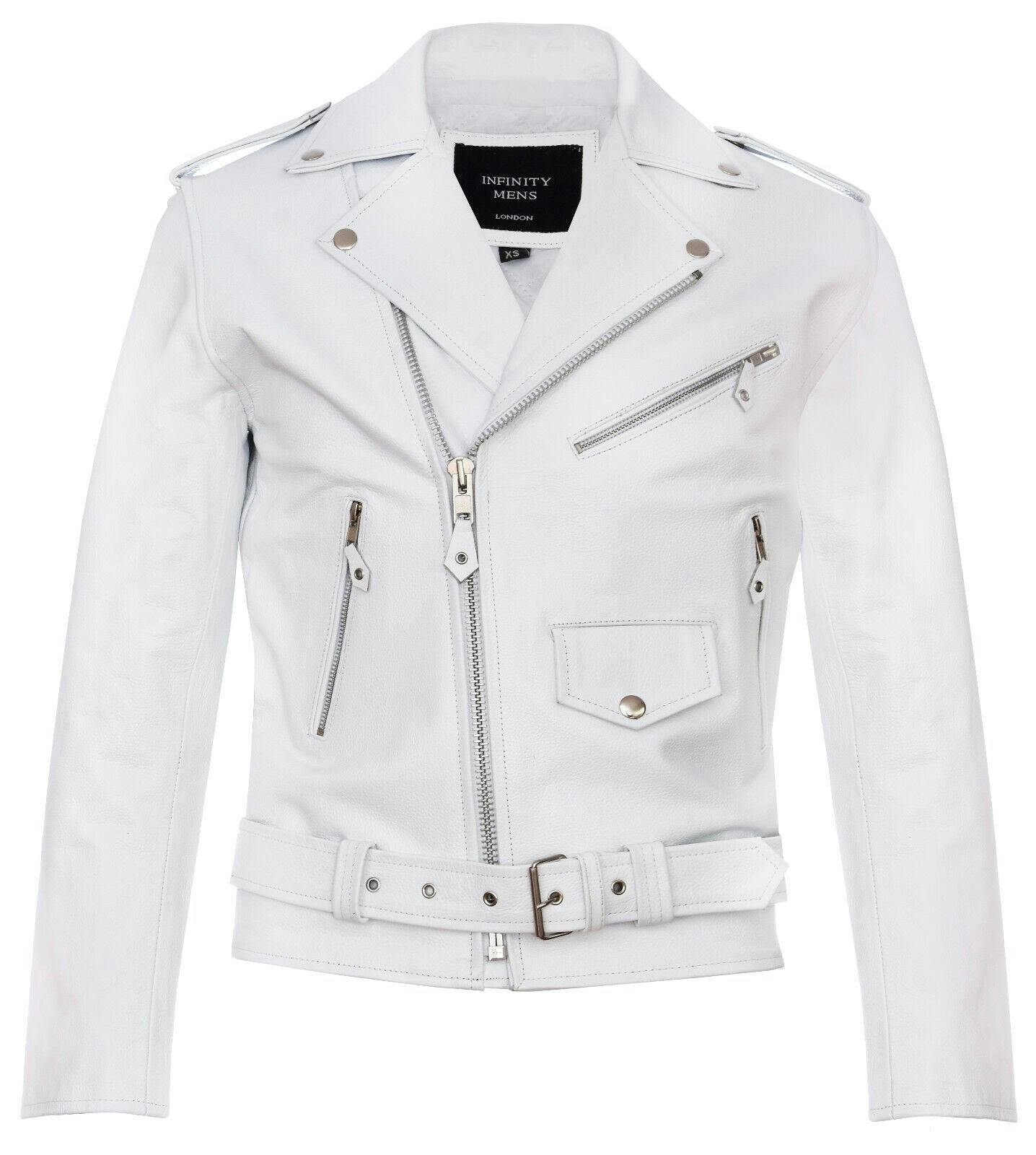 Infinity Leather Men's White Leather Brando Biker Rock Motorcycle Hide Jacket - Uk Xl | Eu 52 | Us 42