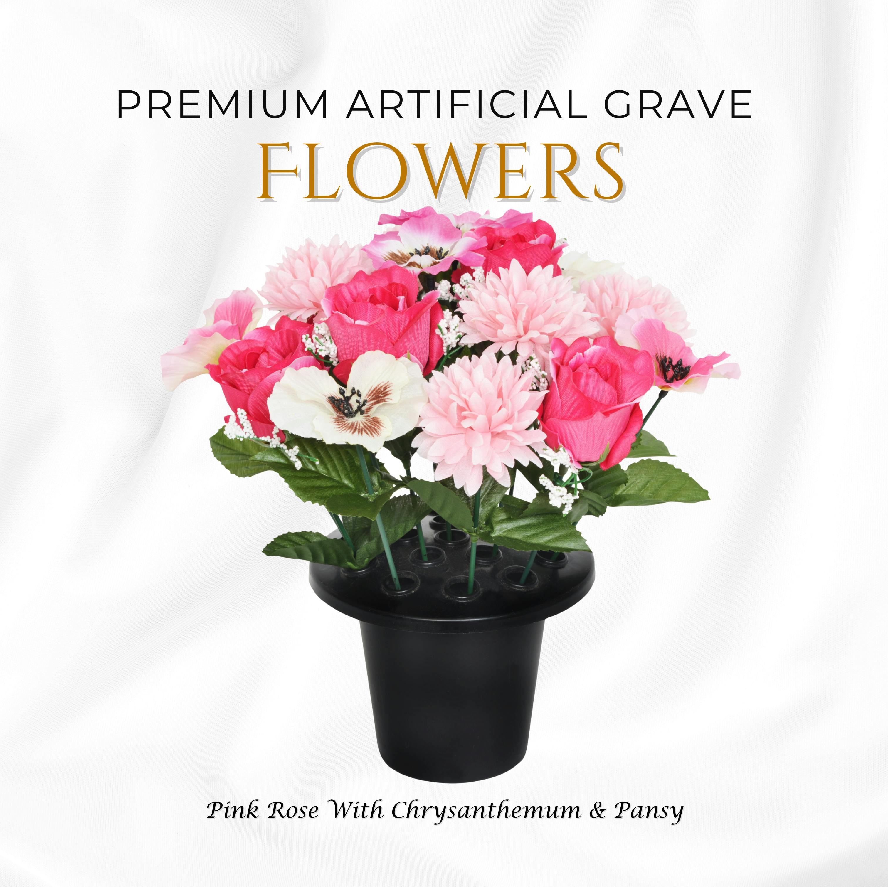 Rackhams Pink Premium Artificial Grave Flowers – 25Cm Rose With Chrysanthemum & Pansy | Memorial Vase Pot