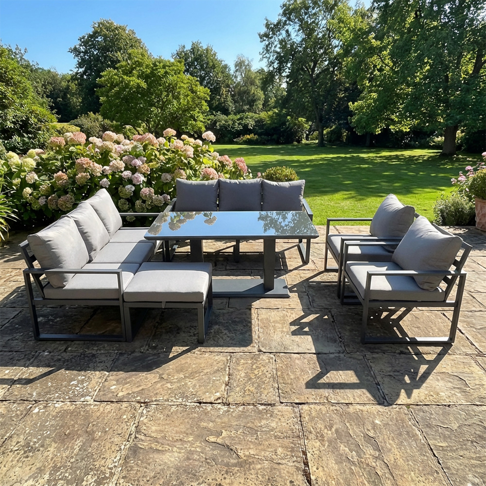 Rackhams Dark/Grey 8 Seater Aluminium Garden Sofa Set With 2 Chairs, Footstool, Adjustable Dining Table