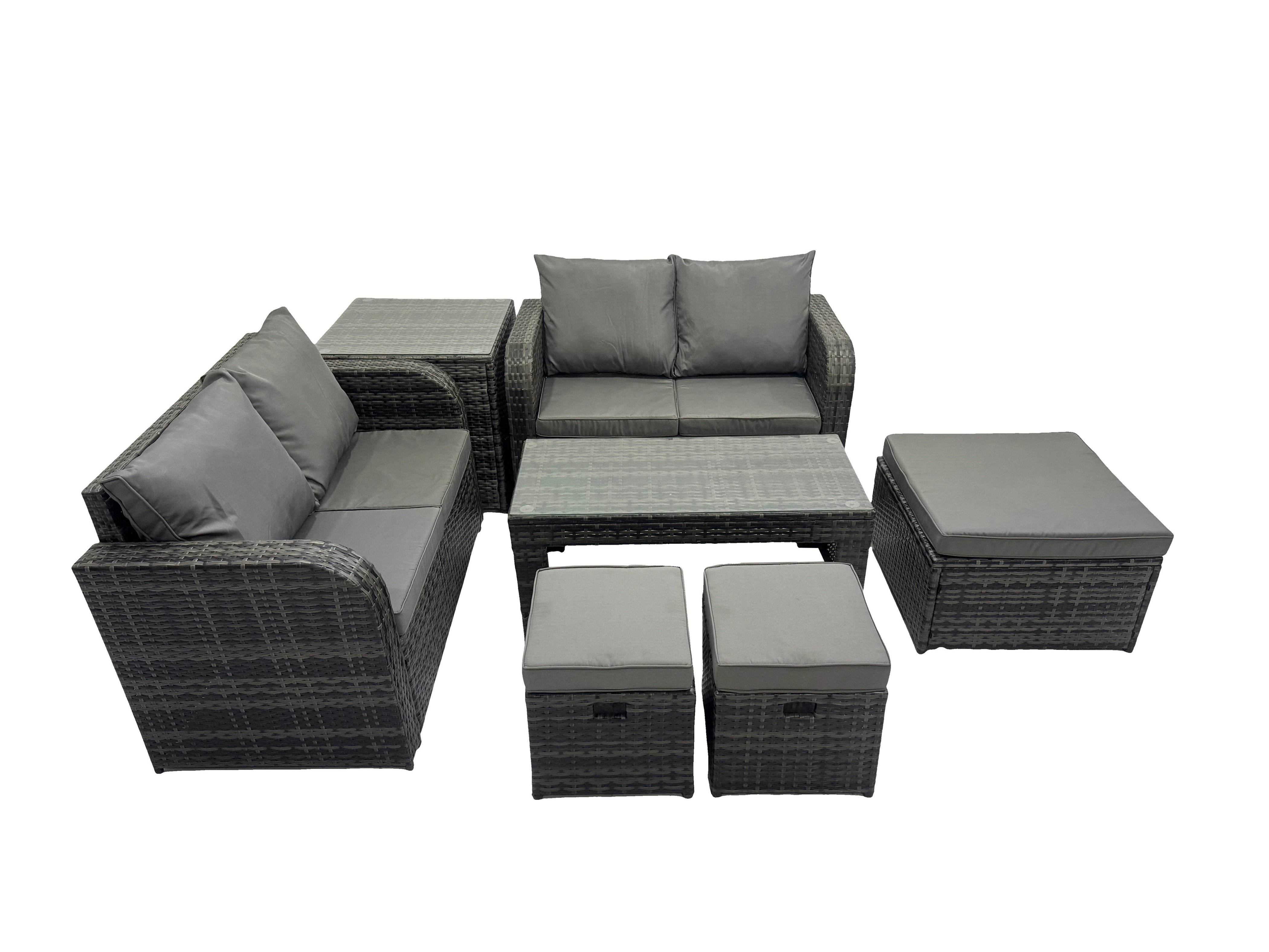 Fimous Dark/Grey 3 Seater Sofa Reclining Chair Coffee Table Set Rattan Garden Outdoor Furniture Set With Side Table 3 Stools Mixed