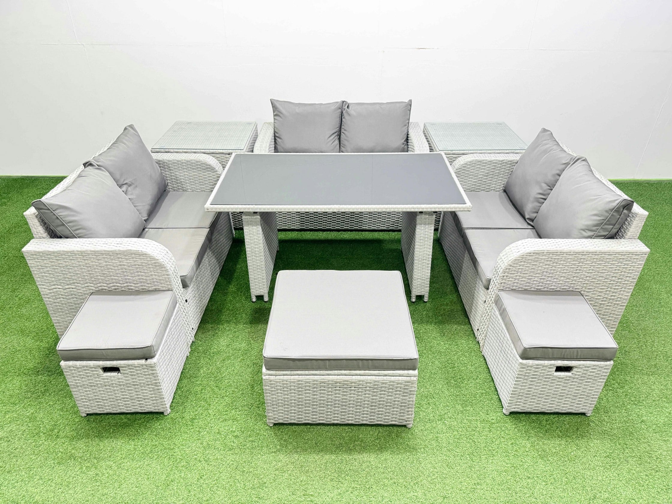 Rackhams Black/Light/Grey 9 Seater Patio Garden Furniture Sets With Glass Top Dining Table Love Sofa 2 Side Tables 3 Stool