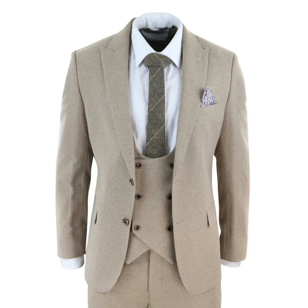 Truclothing Men's Ak-23 - Tweed 3 Piece Suit Tan Oak Double Breasted Wedding - 46" Jacket 40" Trousers