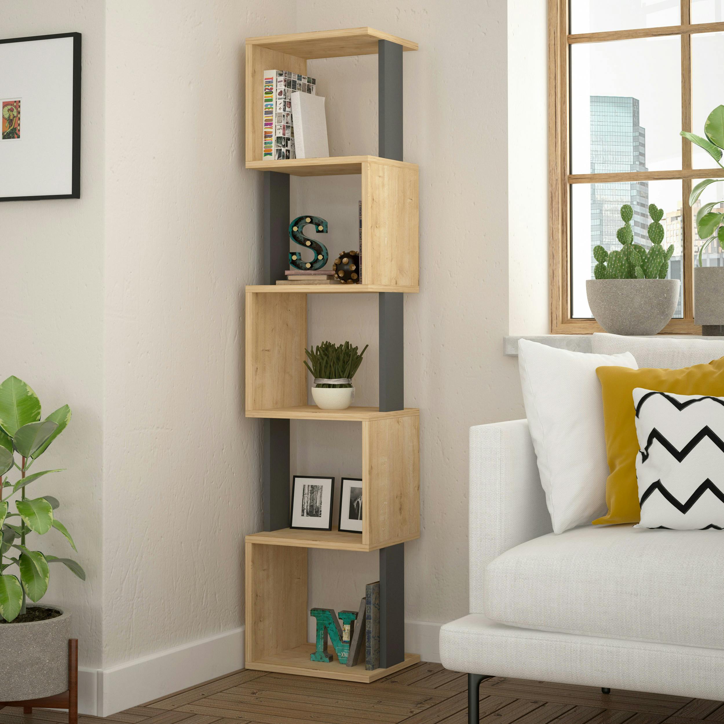 Decortie Corner Bookcase Unit 161cm Particleboard Oak Anthracite Grey - Image 3