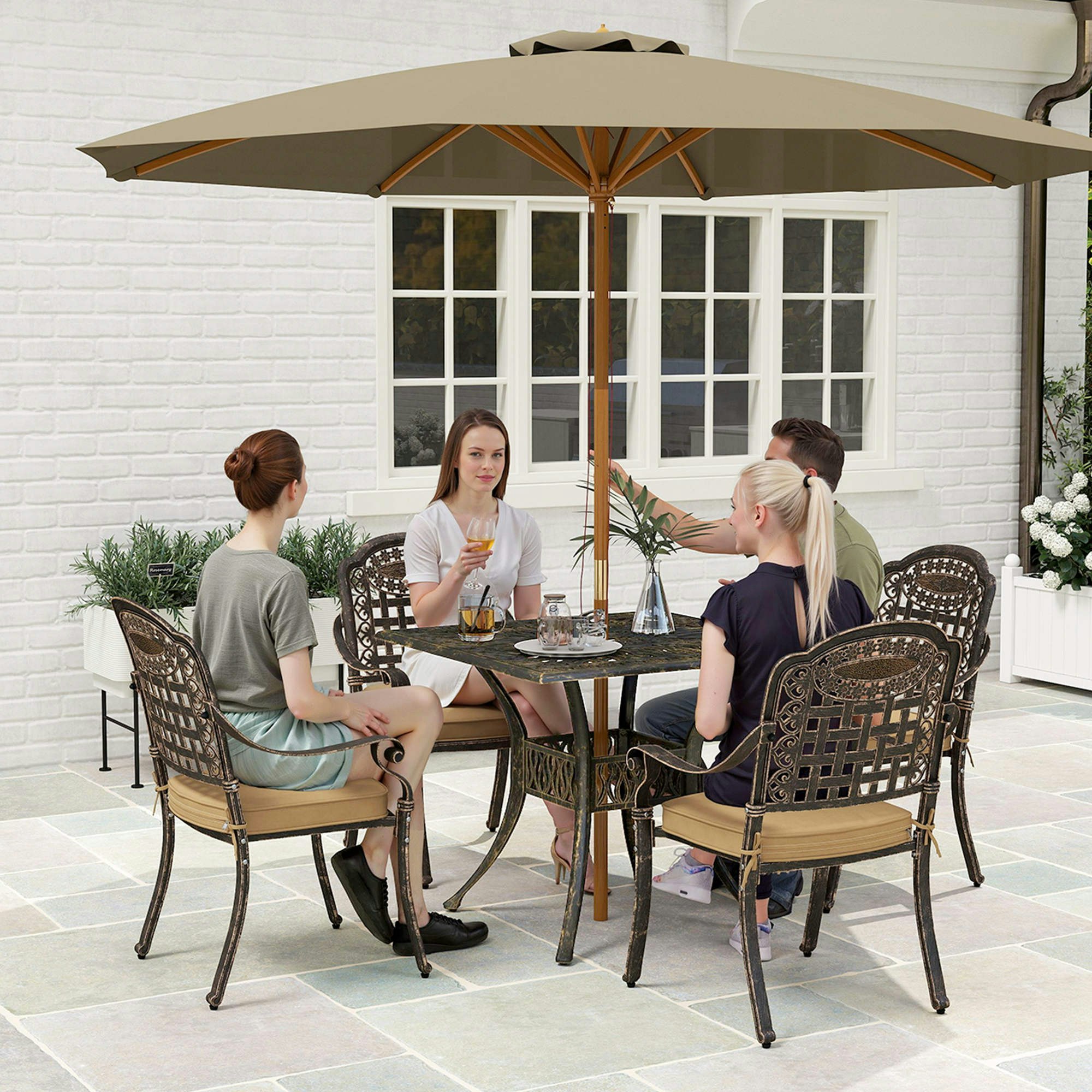 Rackhams Bronze 5 Pieces Cast Aluminium Garden Dining Set With Parasol Hole, - Tone - Cast Aluminium, Polyester - 90L X 90W X 74Hcm
