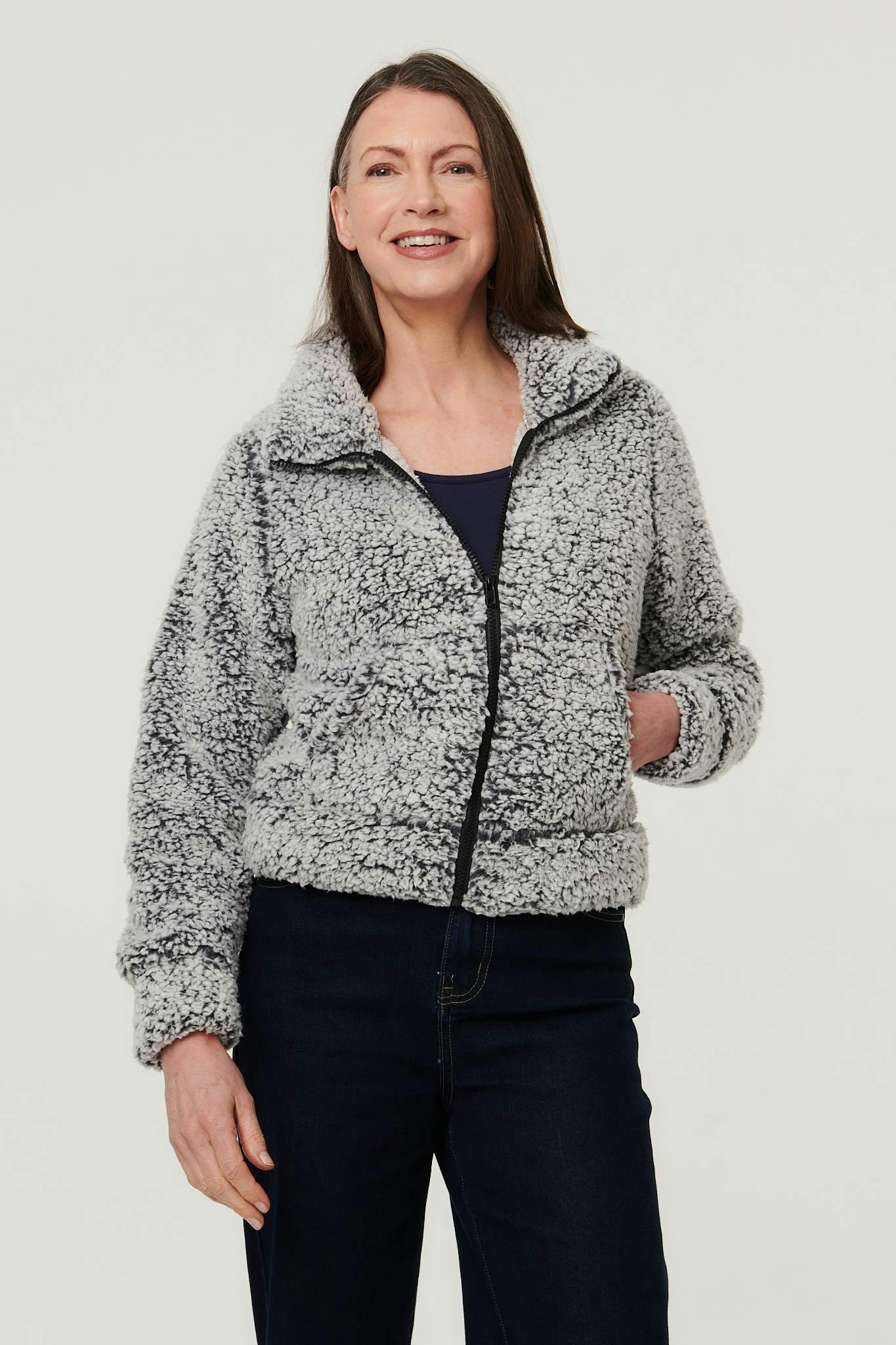 Izabel London Black Teddy Textured Relaxed Zip-Up Jacket - 14