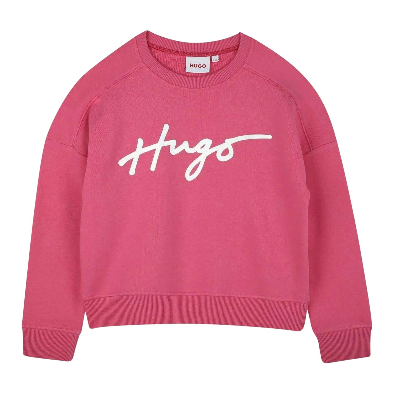 Hugo Girls Pink Logo Crew Neck Regular Sweatshirt - 10 Years - 77% Cotton/18% Polyester/5% Elastane