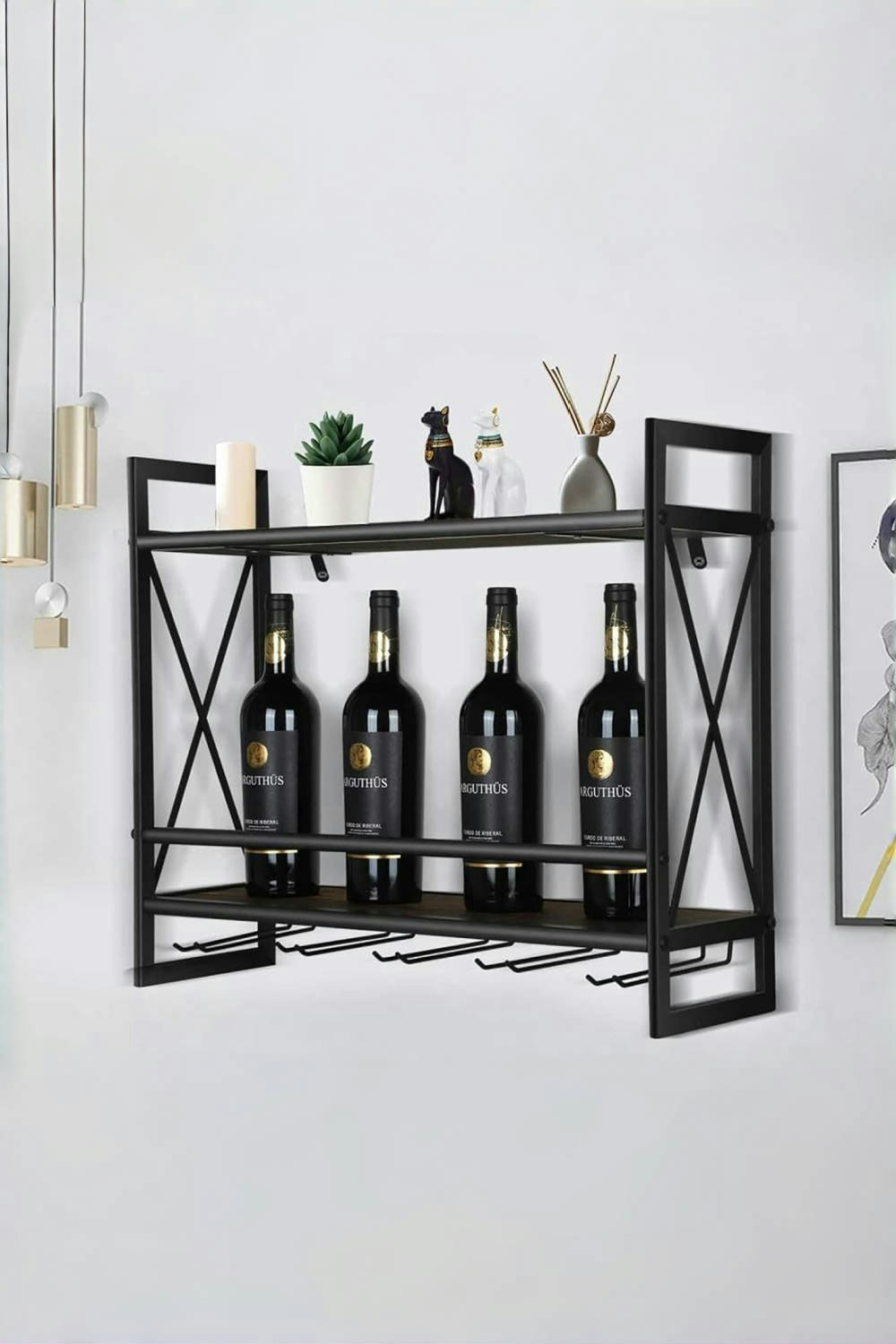 Rackhams Brown 2-Tier Wall-Mounted Hanging Wine Storage Rack Floating Shelf With 5 Glass Holder