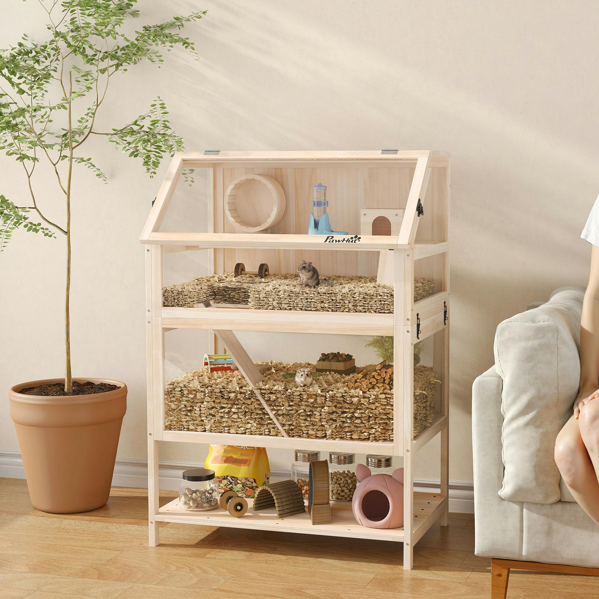 Pawhut Wooden 3 Tier Hamster Cage With Storage Shelf For Dwarf, Gerbil