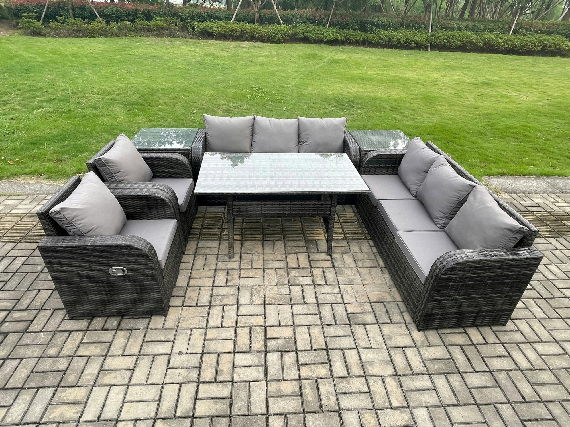 Rackhams Dark/Grey Outdoor Garden Patio Furniture Wicker Rattan Oblong Rectangular Dining Table And Lounge Sofa Set With 2 Side Table Mixed