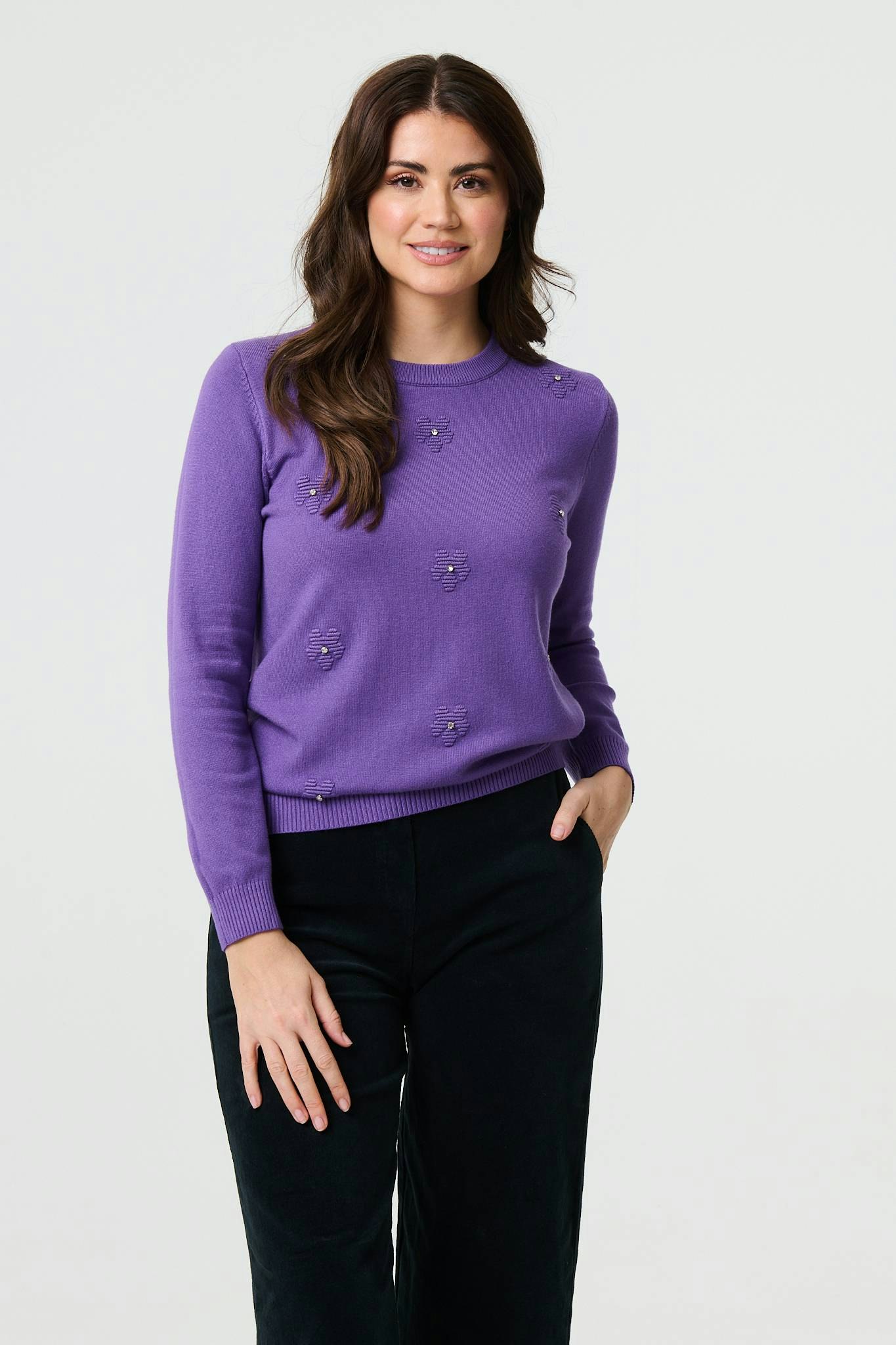 Izabel London Purple Floral Gemstone Embellished Jumper - 18