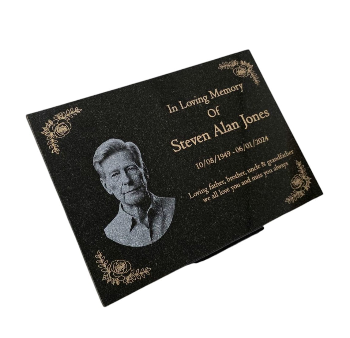 Rackhams Gold Granite Memorial Plaque, Flowers, Add A Portrait, Personalised Text And Stand Included - Standard (29X21x1cm)