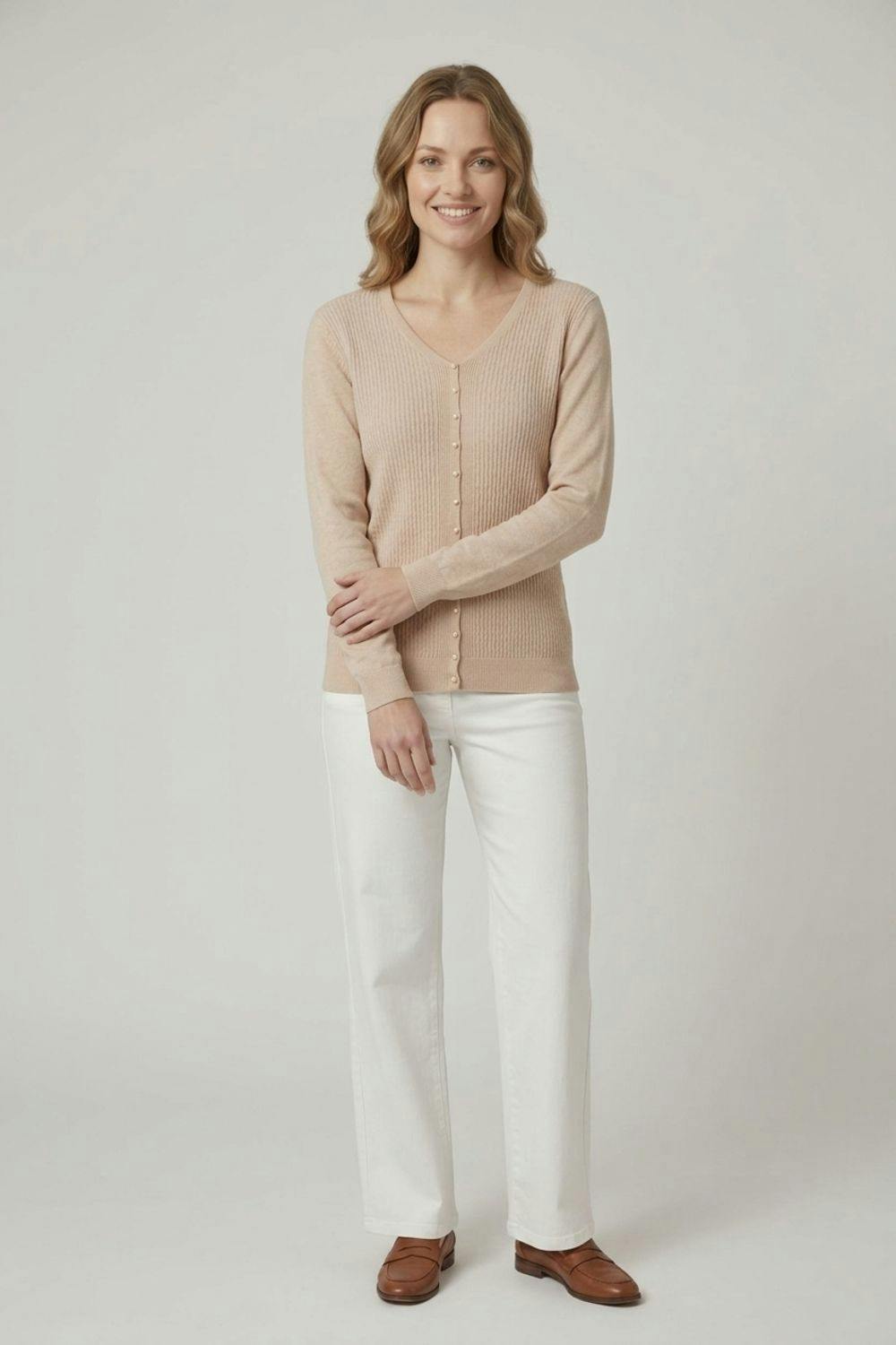 Izabel London Beige Textured Pearl Detail V-Neck Knit Top - 12