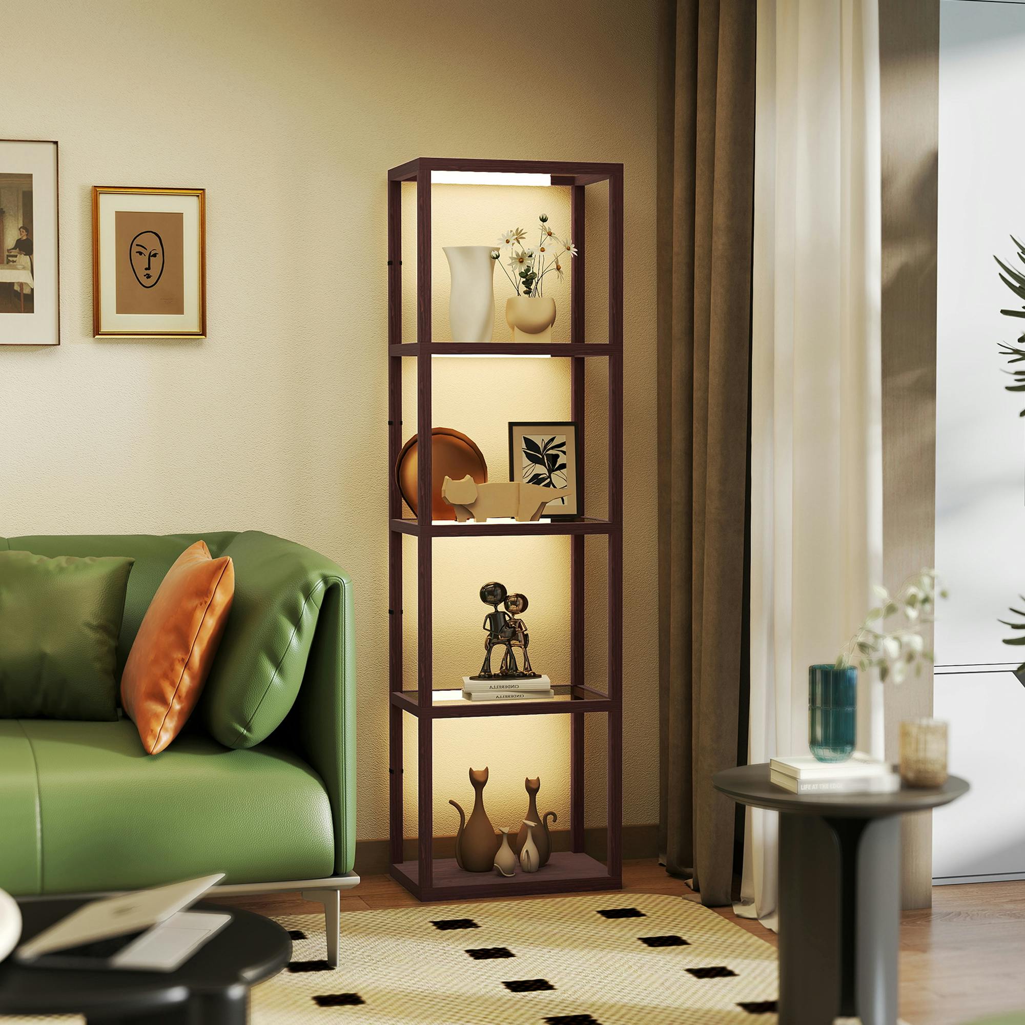 Rackhams Dark/Brown Led Floor Lamp With Glass Shelves, Dimmable Room Lamp, Oak