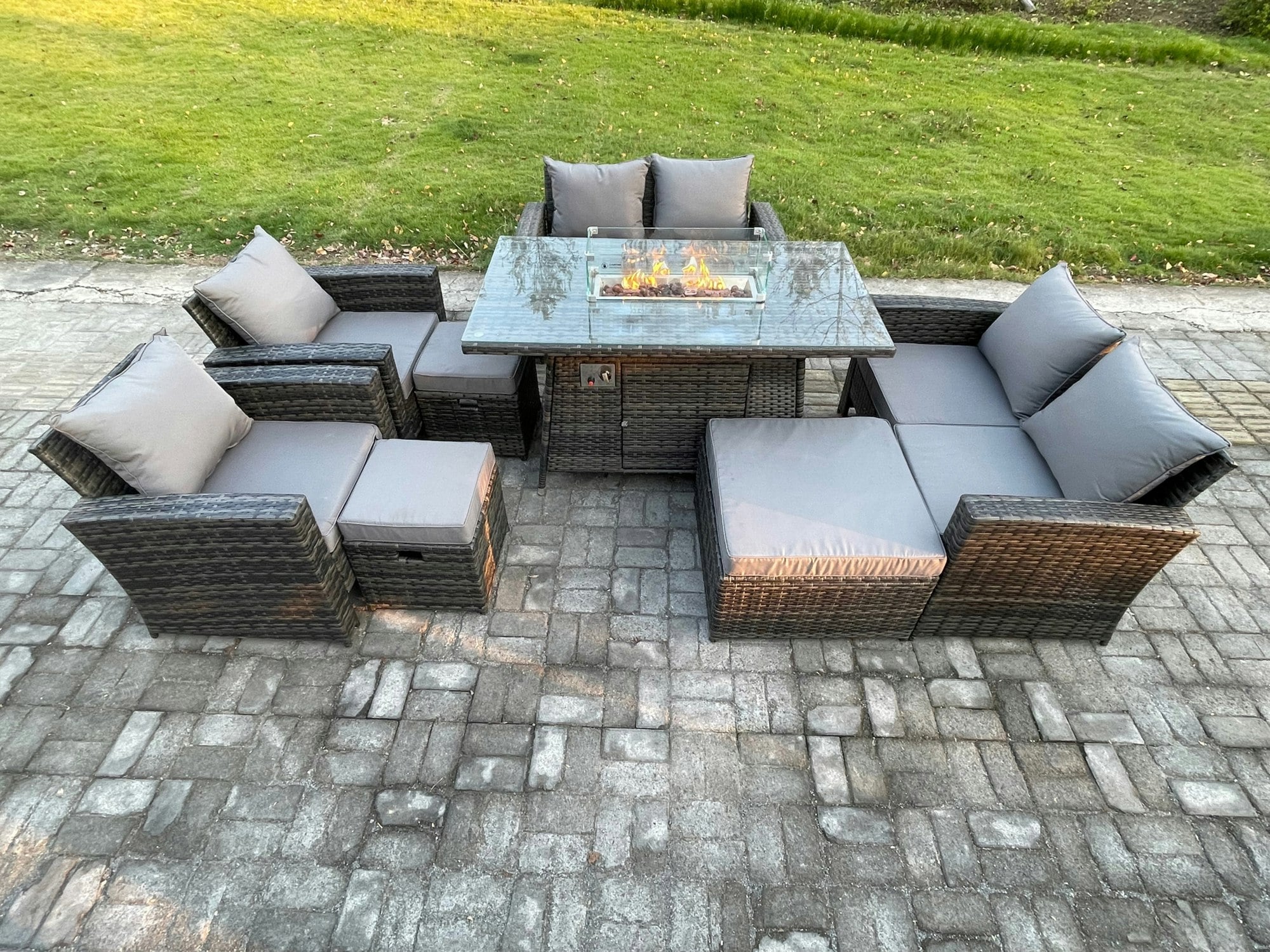 Rackhams Dark/Grey Outdoor Garden Furniture Sets 8 Pieces Wicker Rattan Furniture Gas Fire Pit Dining Table Sofa Set With 3 Footstools Mixed