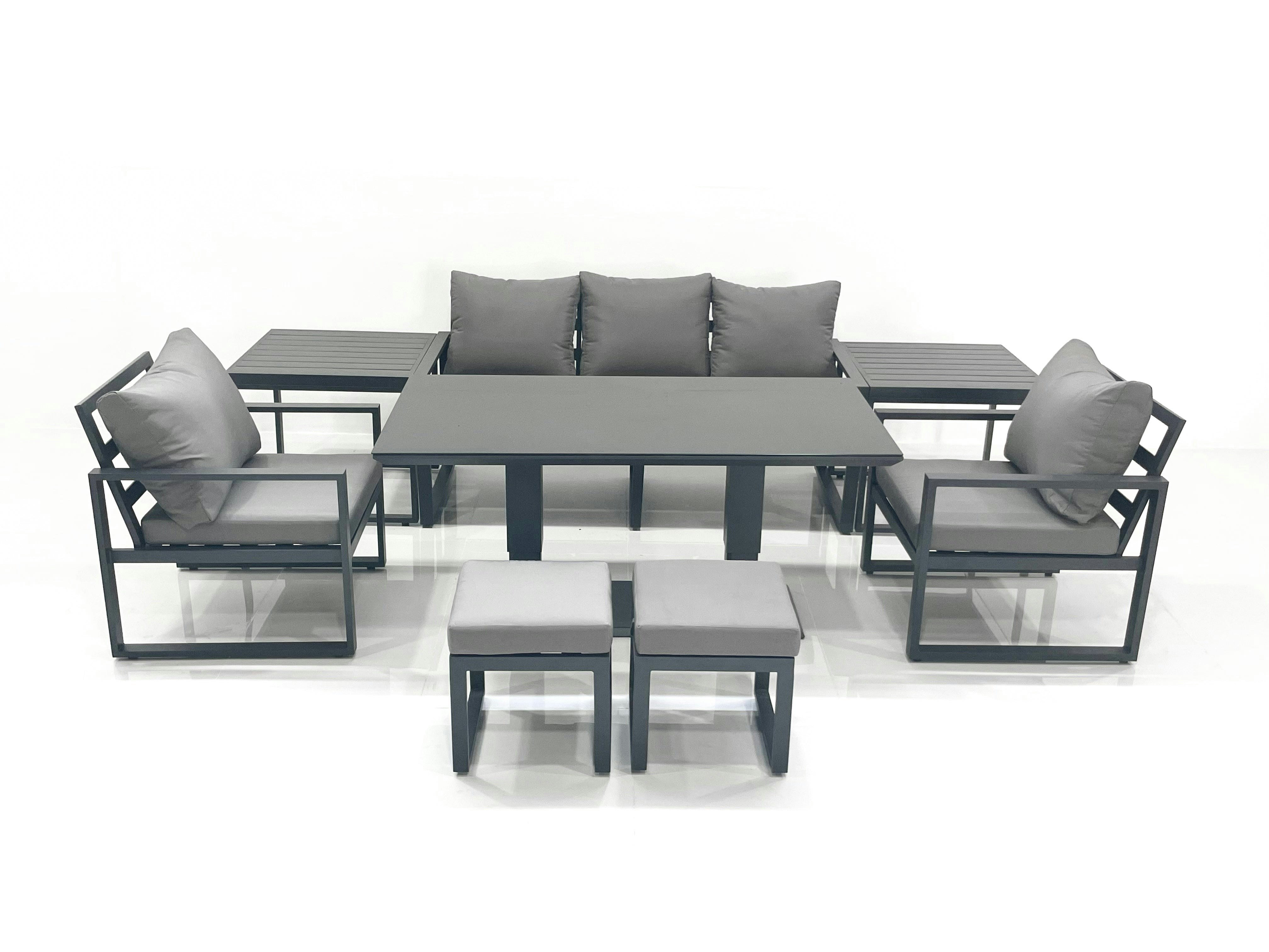 Fimous Dark/Grey Outdoor Aluminium Garden Furniture Set With Adjustable Rising Dining Table 3 Seater Sofa 2 Chair 2 Small Footstools 2 Side Tables