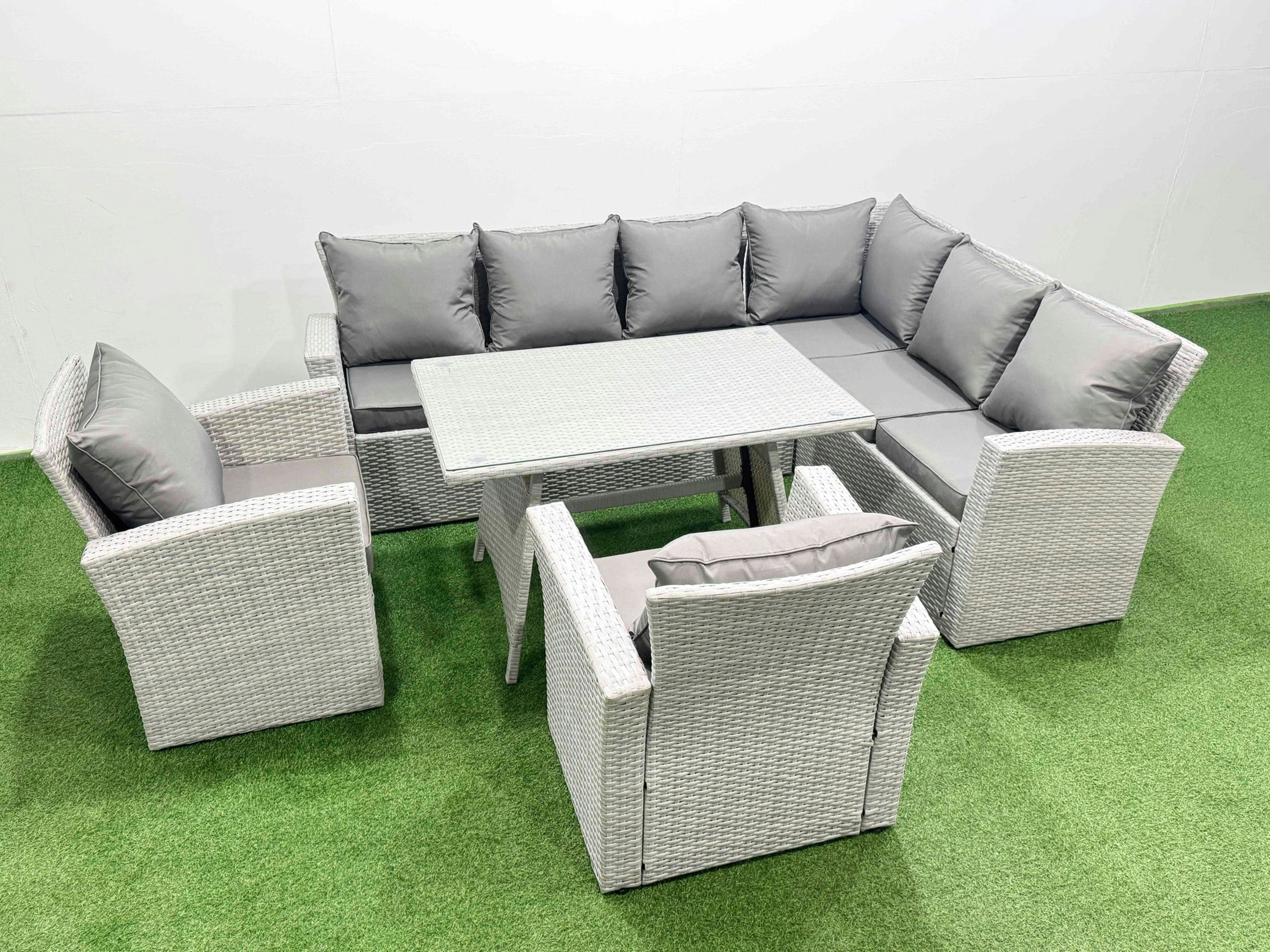 Rackhams Light/Grey 8 Seater Garden Outdoor Rattan Furniture Set Rattan Corner Sofa Oblong Dining Table With 2 Armchairs Mixed