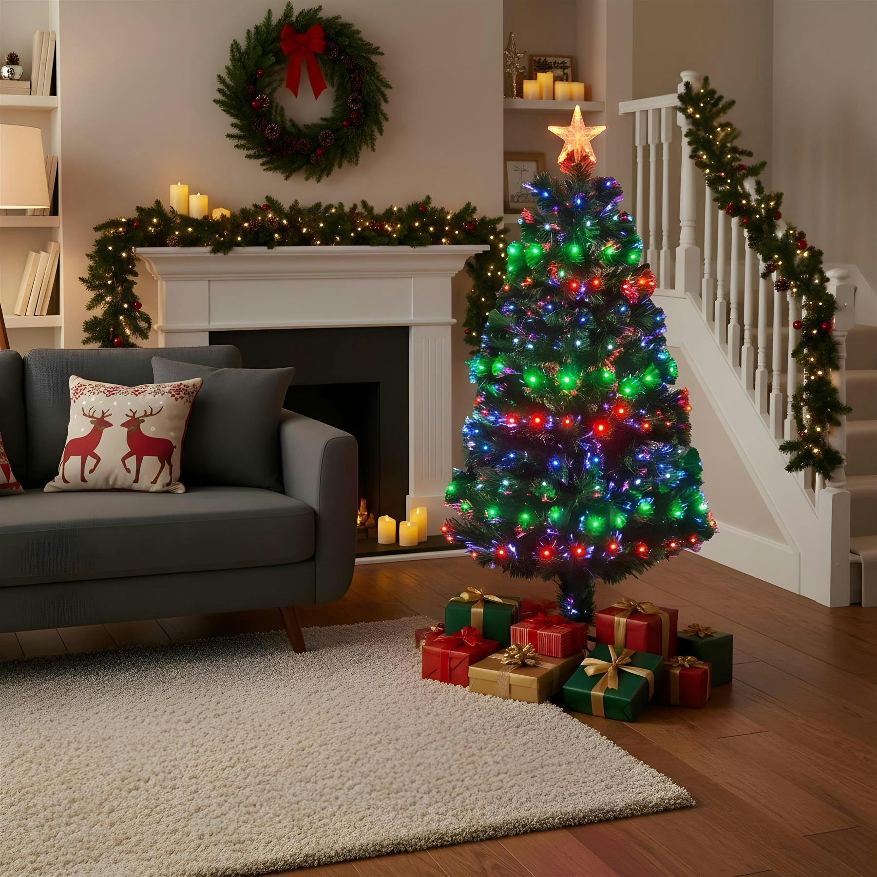 Shatchi Green/Light 4Ft Pre-Lit Fibre Optic Christmas Tree, Pvc, 8 Modes, Indoor Seasonal Decoration - 4Ft - Pvc - Image 2