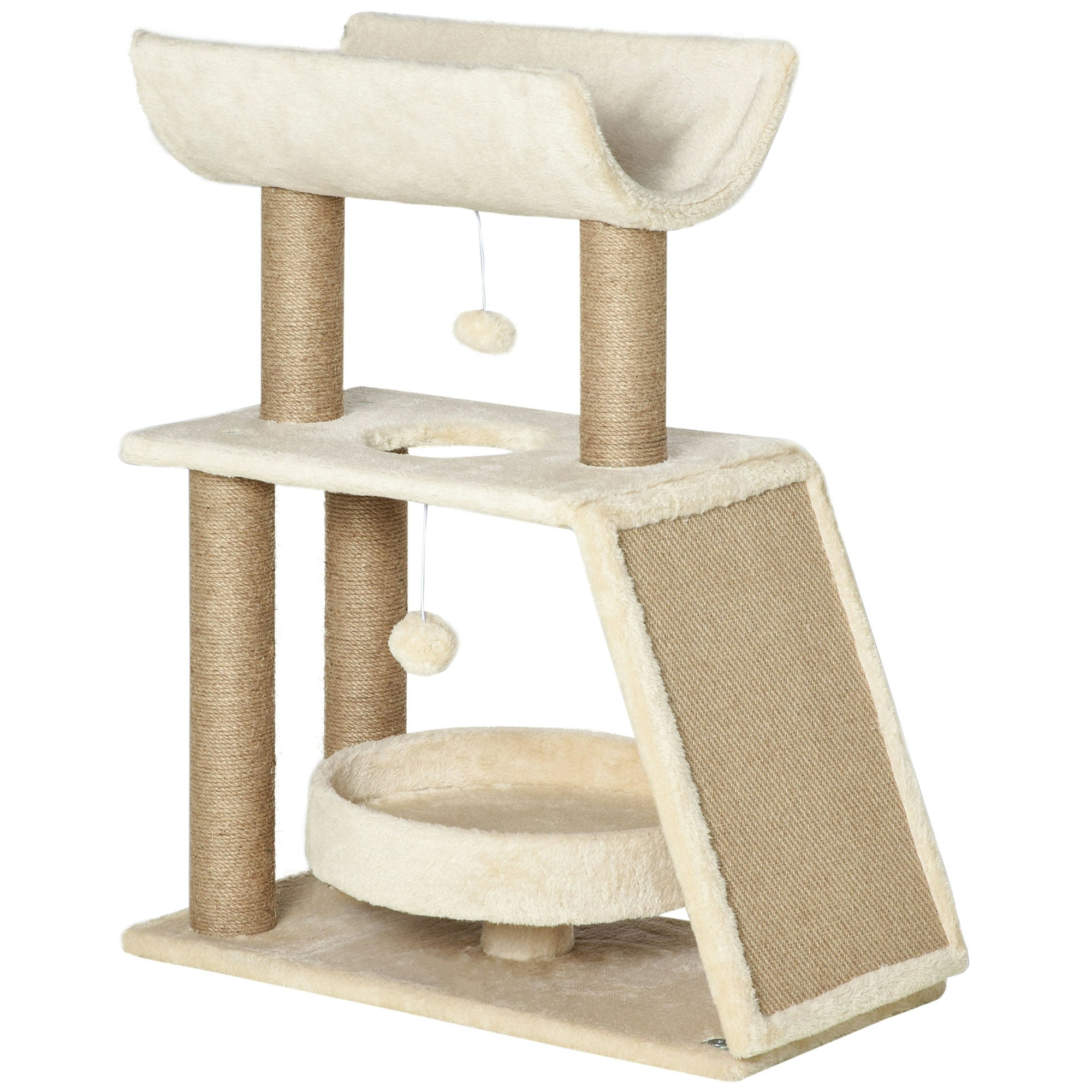 Pawhut Brown Cat Tree Kitten Tower W/ Scratching Post, Pad, Bed, Perch, Ball, - Particle Board, Plush, Jute - Size 1