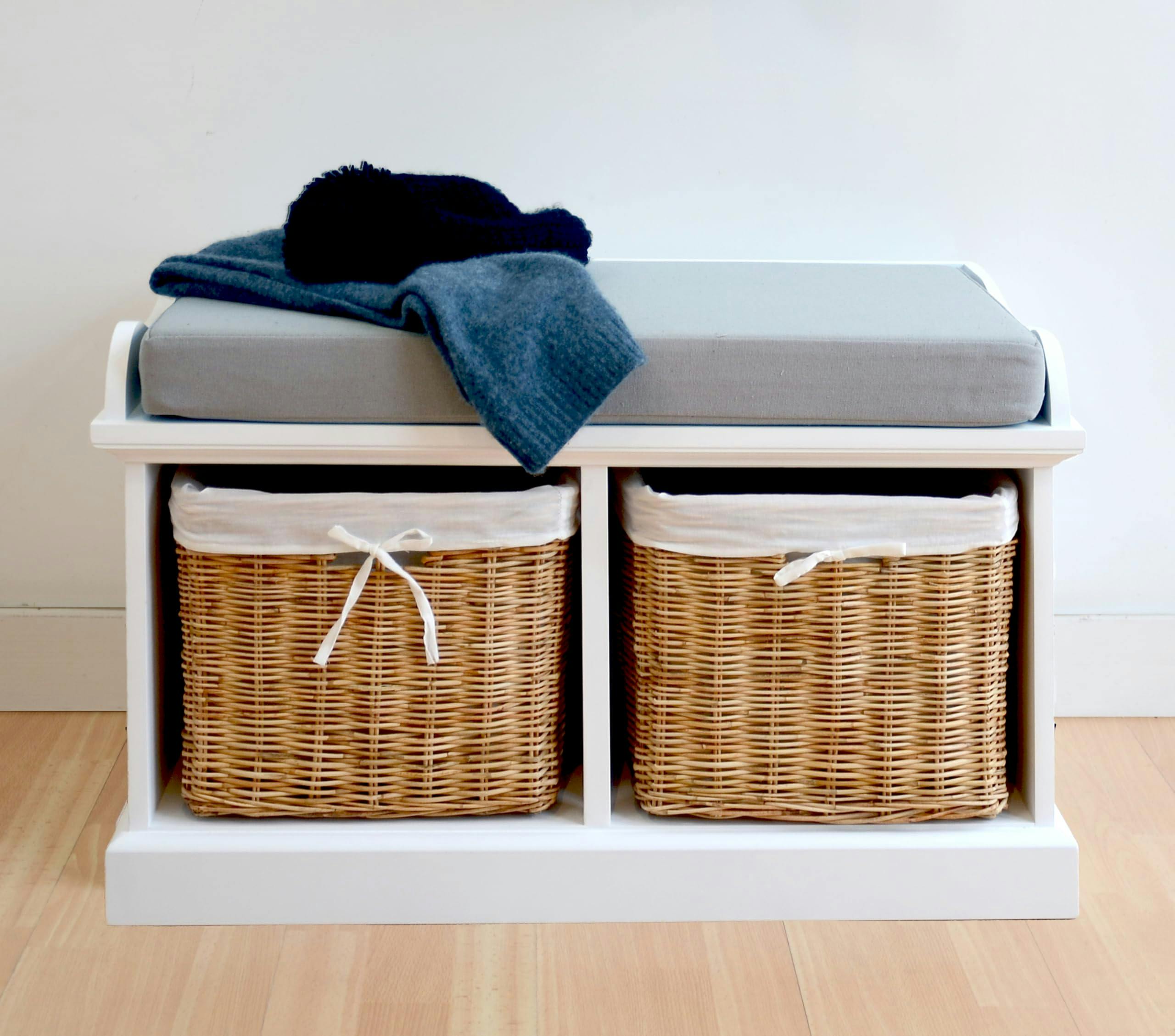 Statement Furniture White/Grey Tetbury Storage Bench With Natural Wicker Baskets And Cushion - Small