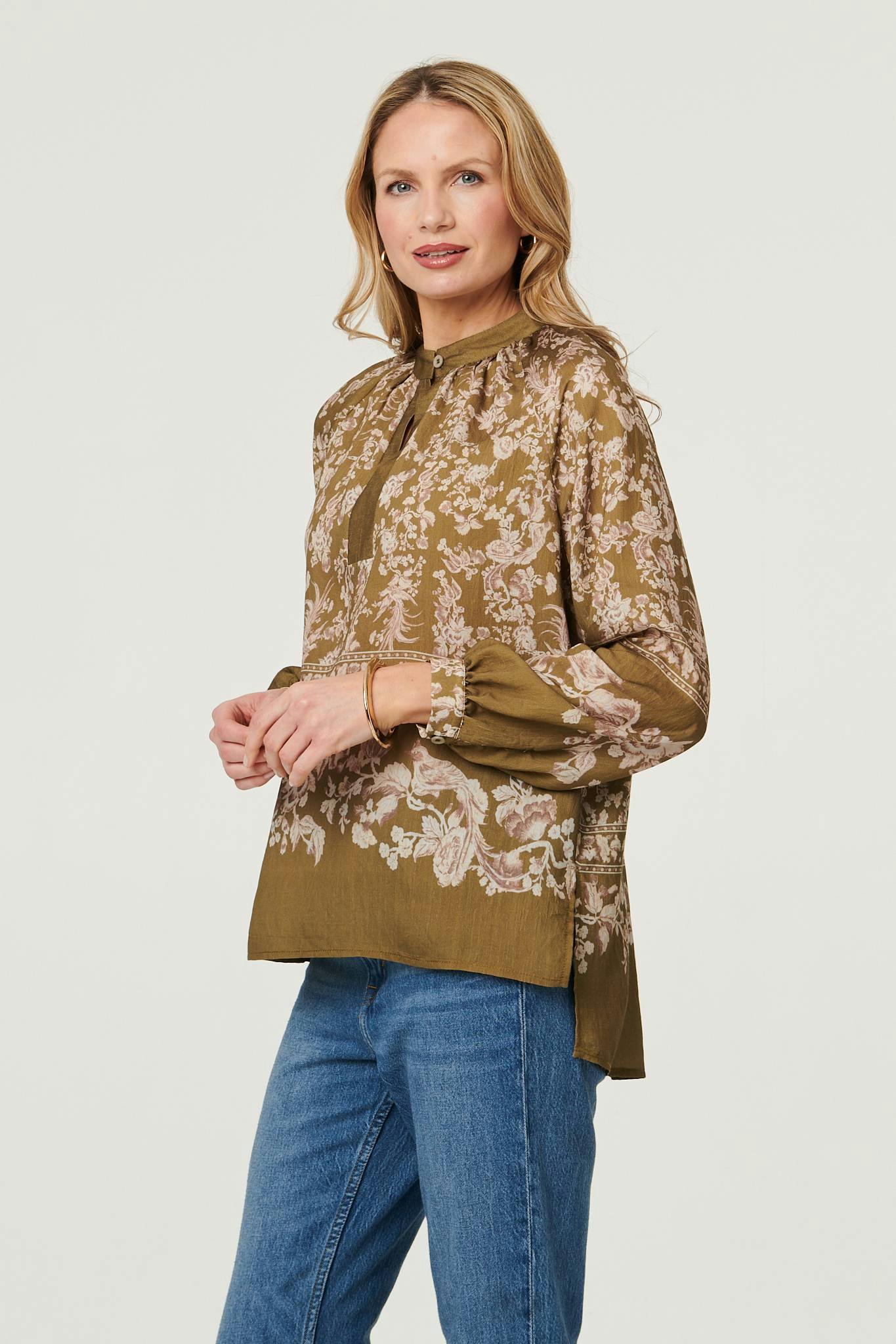 Izabel London Green Floral Long Sleeve High Neck Blouse - 8