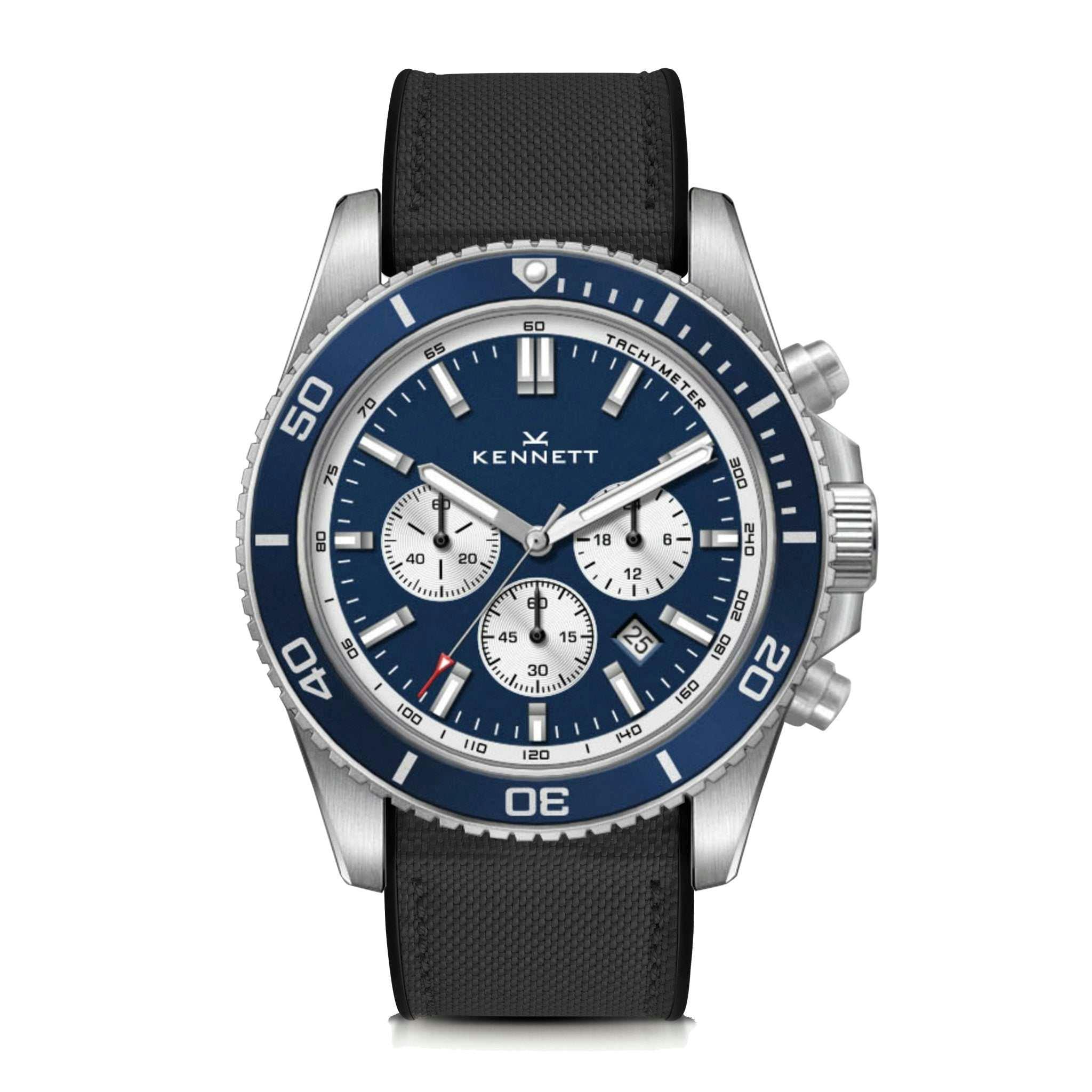 Kennett Black/Blue Pacesetter Chronograph Watch | Nautical Inspired Timepiece - Sailcloth Hybrid Rubber Strap With Stitching