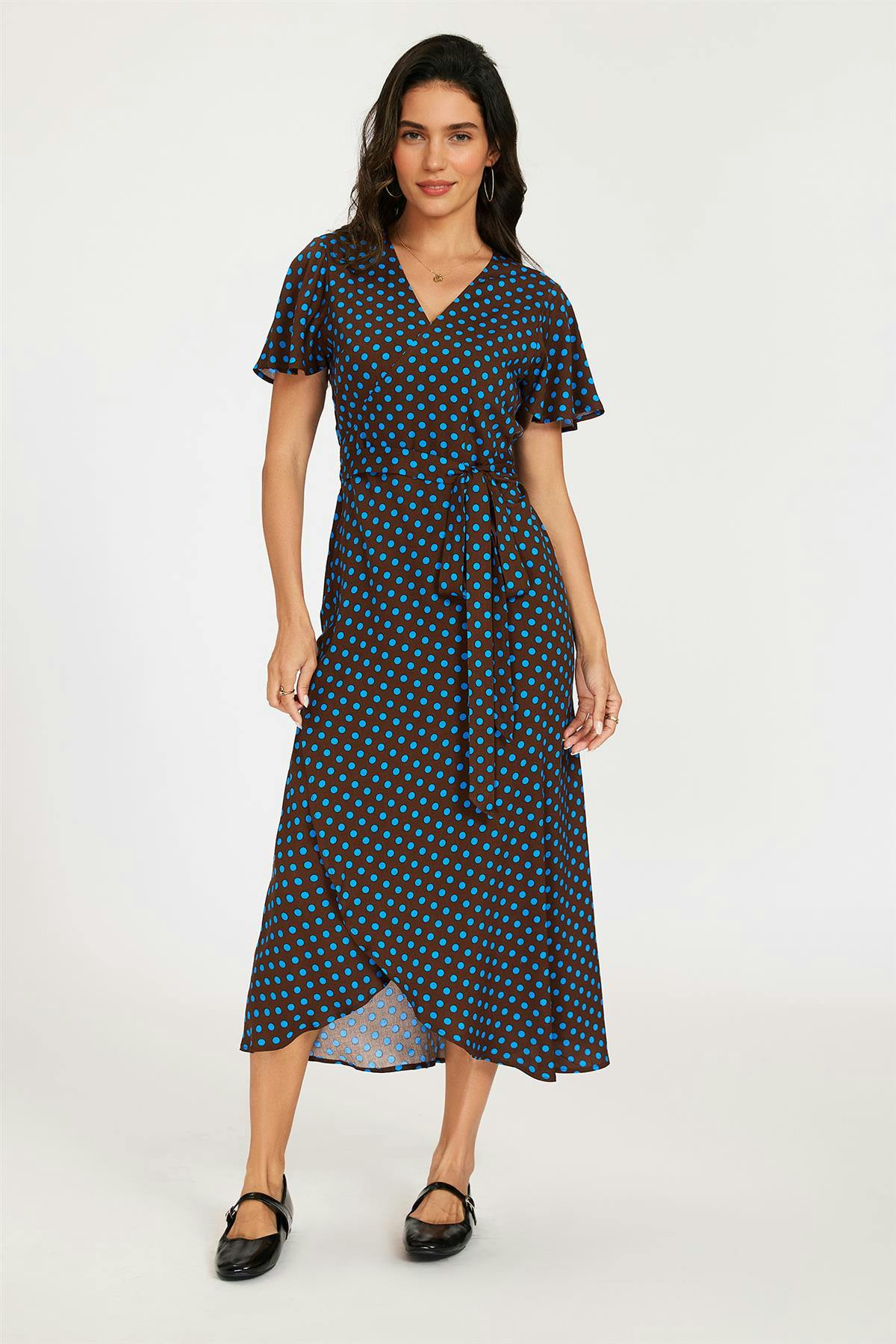 Fs Collection Brown/Blue & Polka Dot Print Wrap Maxi Dress - Xs