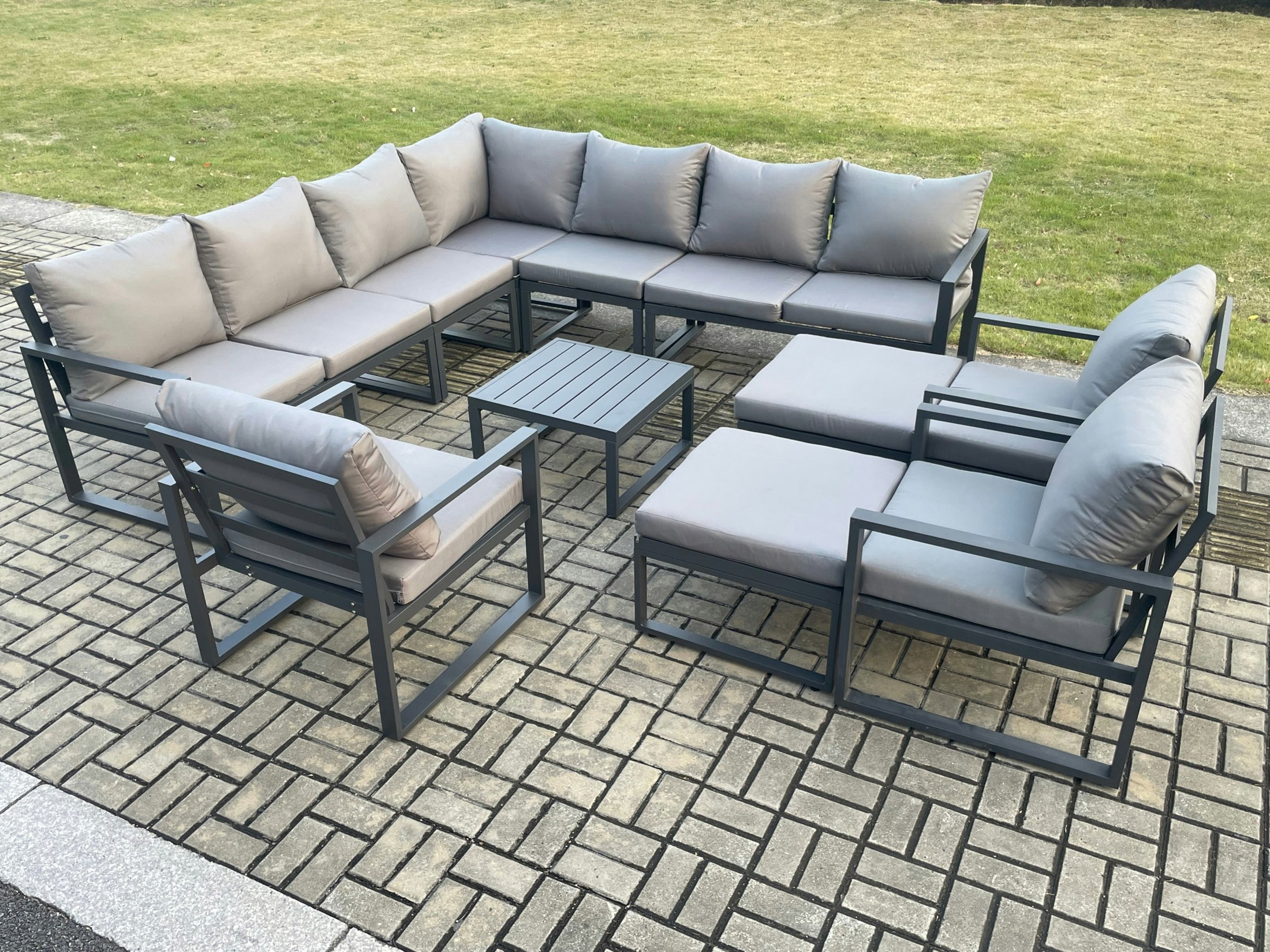 Fimous Dark/Grey Aluminium Outdoor Garden Furniture Set Lounge Corner Sofa 3 Pcs Chair Square Coffee Table Sets With 2 Big Footstools