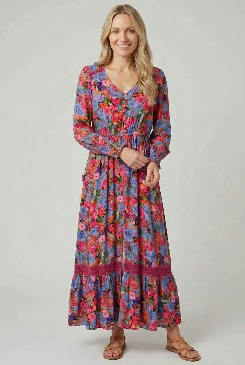 Izabel London Fuchsia Ditsy Floral Long Sleeve Maxi Dress - 14