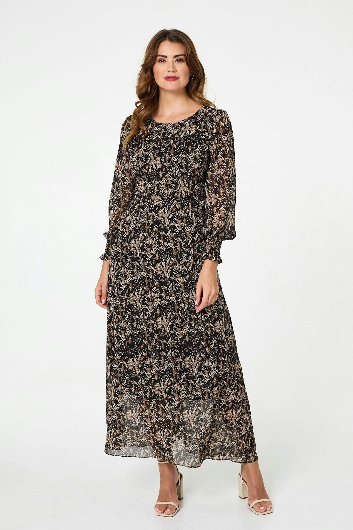 Izabel London Black Printed Long Sleeve Layered Maxi Dress - 12