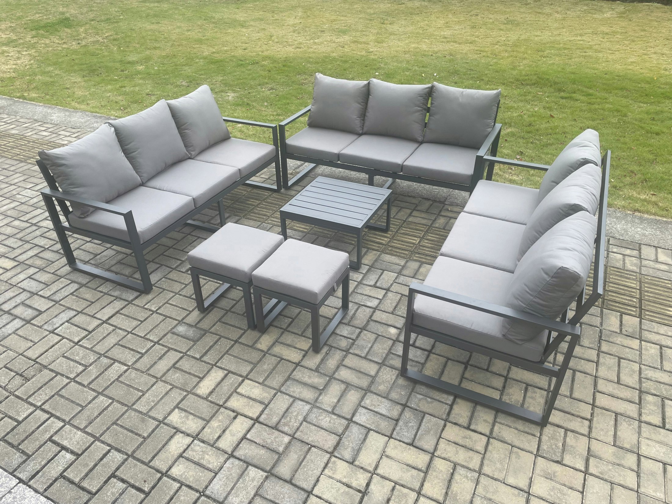 Rackhams Dark/Grey Aluminium 11 Seater Outdoor Garden Furniture Set Patio Lounge Sofa With Square Coffee Table 2 Small Footstools Conservatory Set