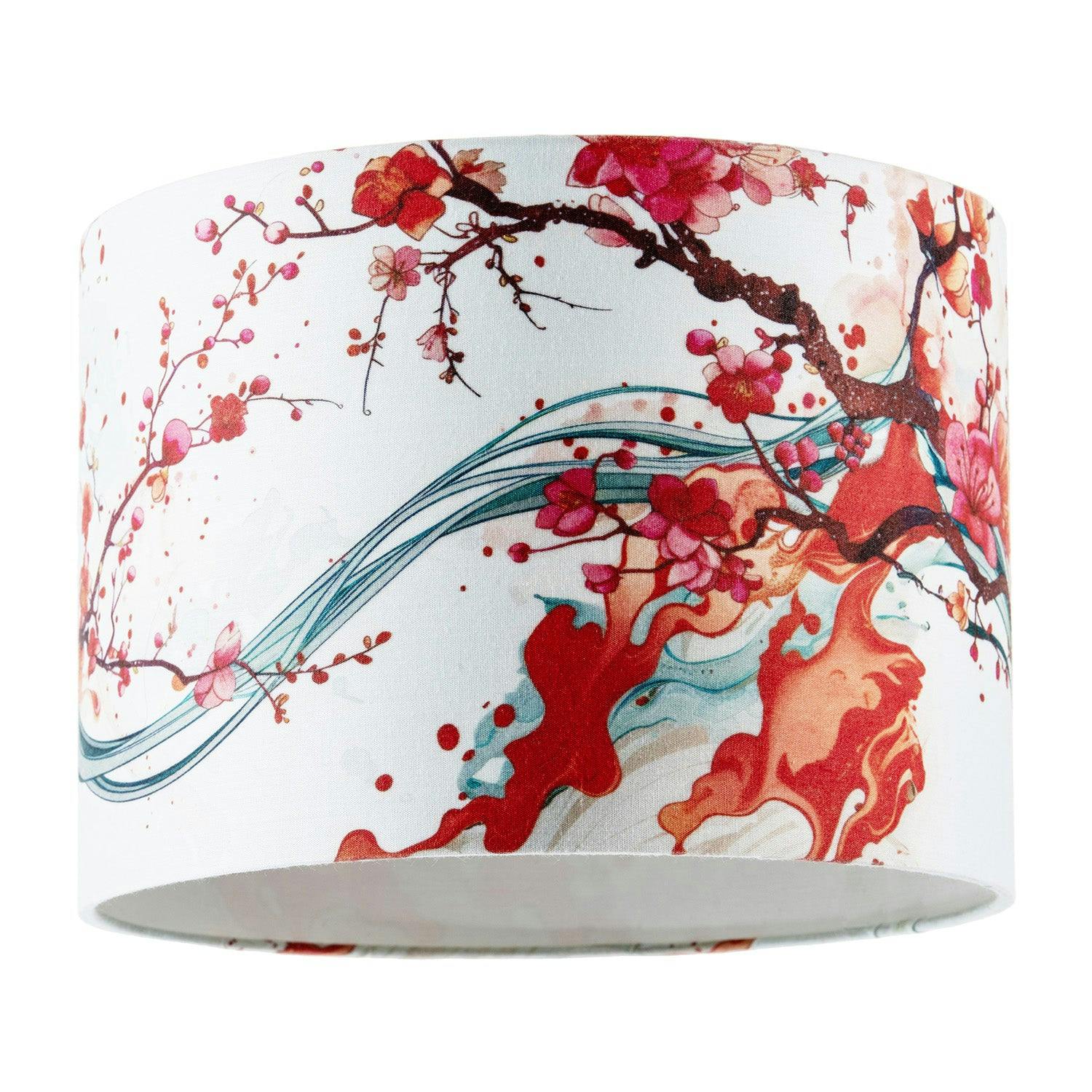 Happy Homewares Red Cherry Blossom Watercolour Japanese Themed Fabric Drum Lamp Shade
