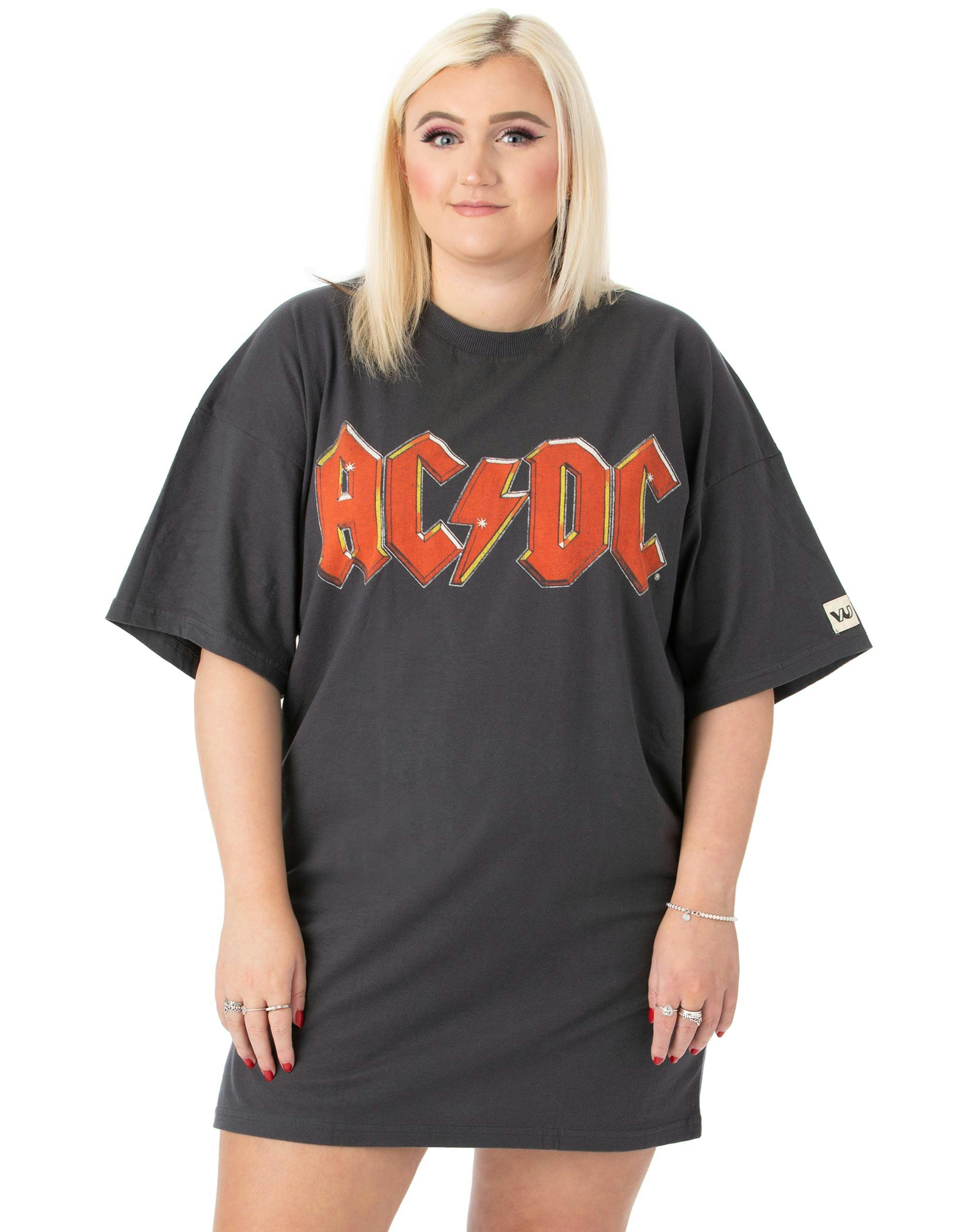 Vanilla Underground Women's Grey Ac/Dc Logo Oversized Short Sleeved T-Shirt - Small