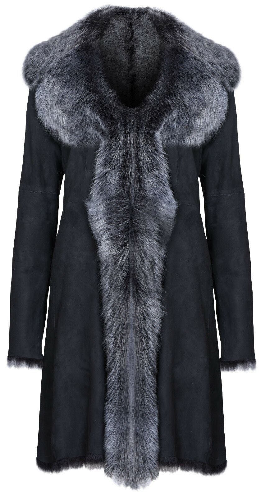 Infinity Leather Women's Black/Silver Toscana Sheepskin Suede Trench Coat-Tbilisi - Uk Xs/8 | Eu 34 | Us 4
